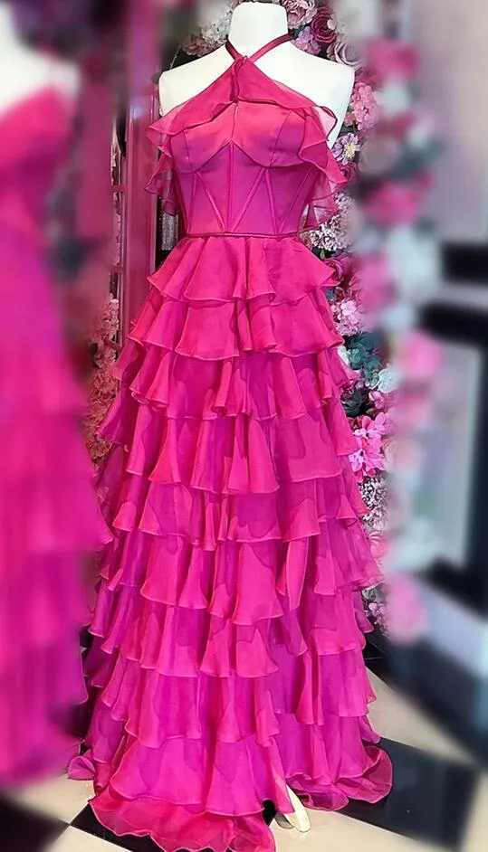 Halter Keyhole Ruffle Tiered Long Prom Dress