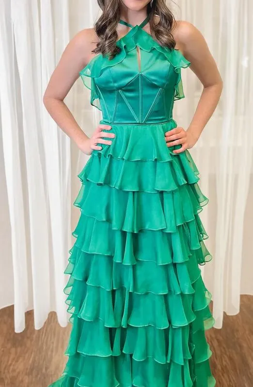 Halter Keyhole Ruffle Tiered Long Prom Dress