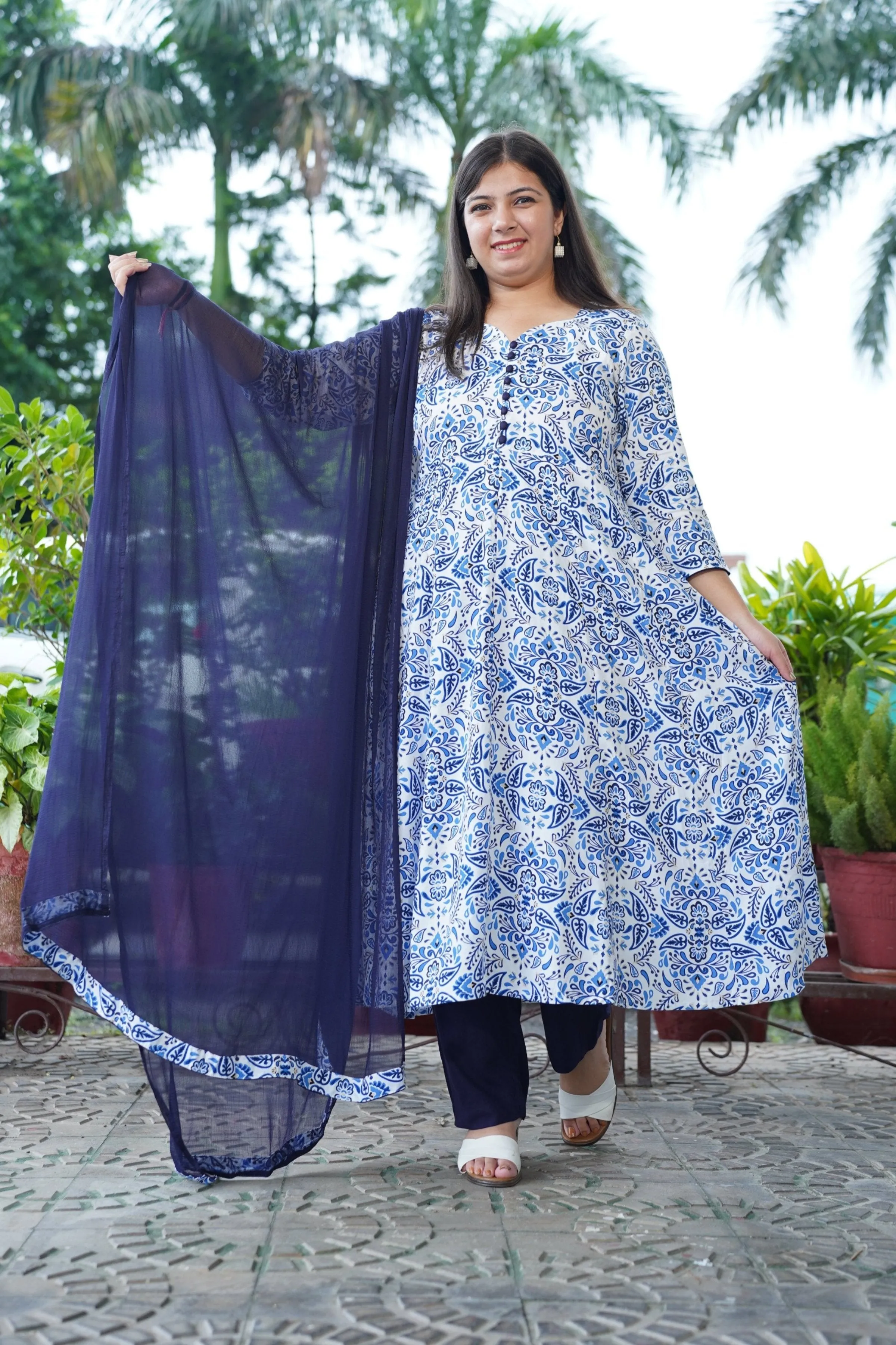 Indigo Printed Rayon Anarkali Set