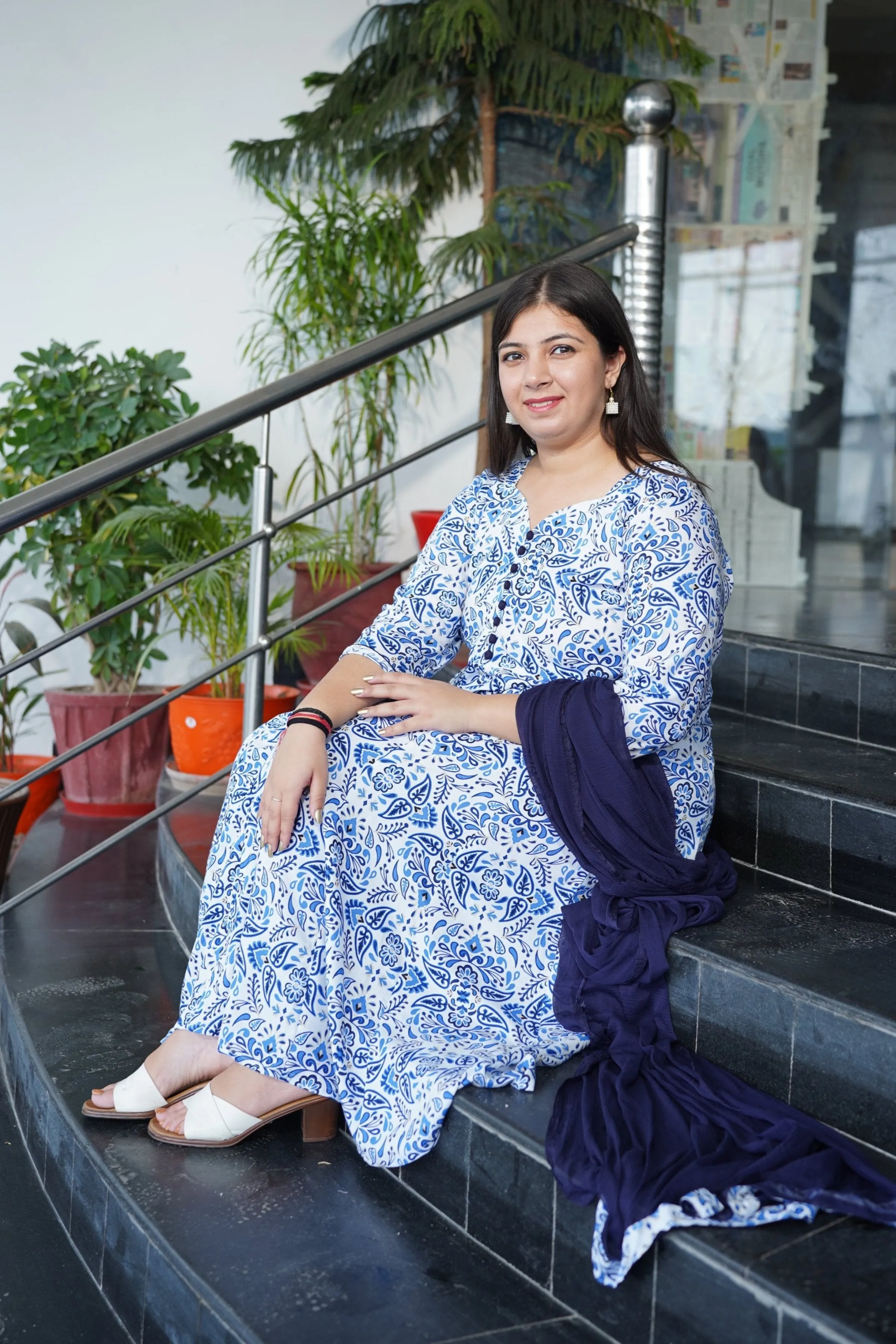 Indigo Printed Rayon Anarkali Set