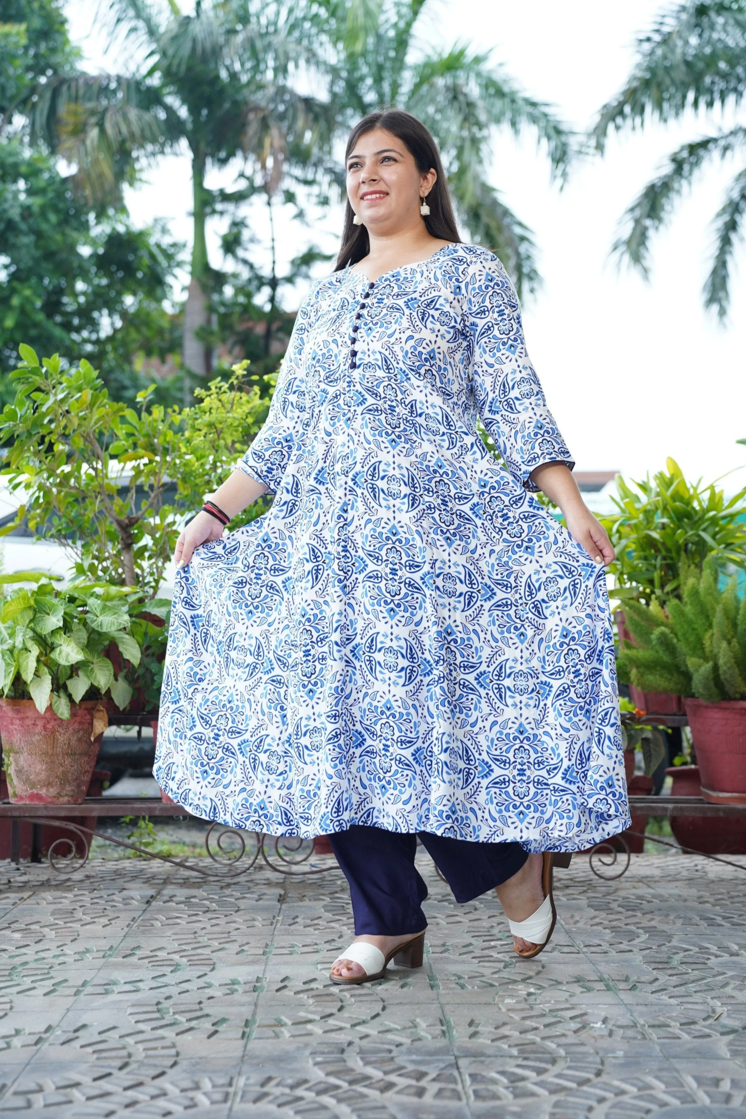 Indigo Printed Rayon Anarkali Set