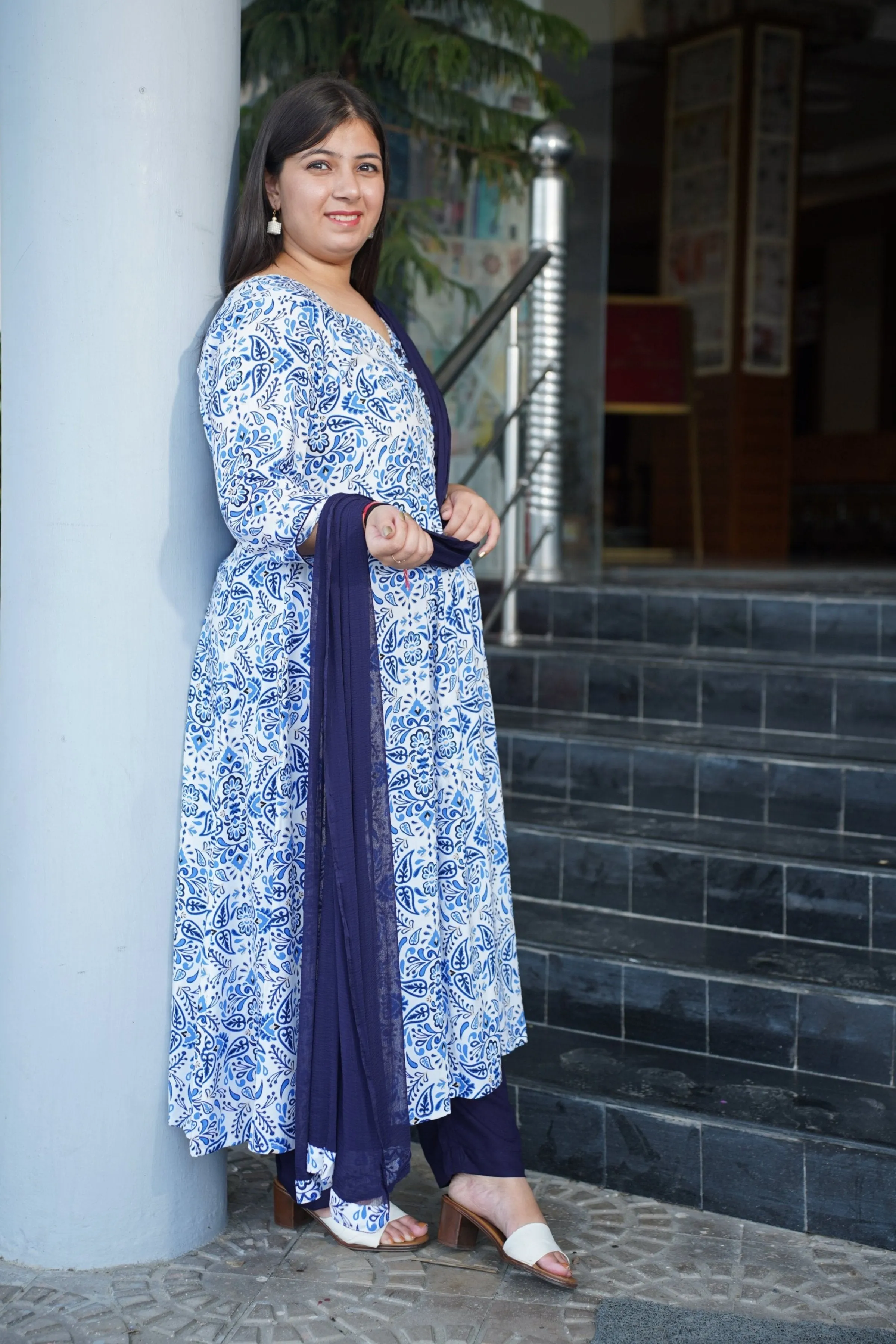 Indigo Printed Rayon Anarkali Set