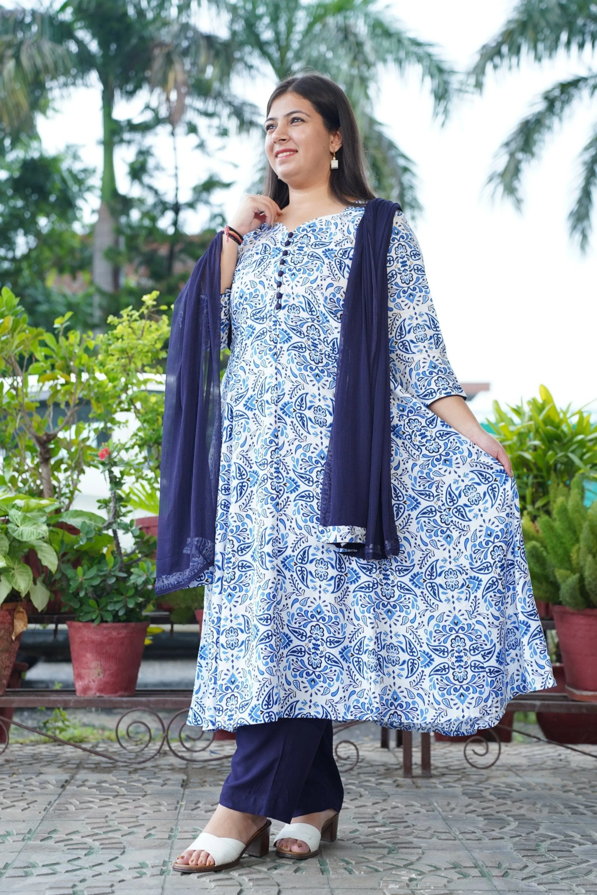 Indigo Printed Rayon Anarkali Set