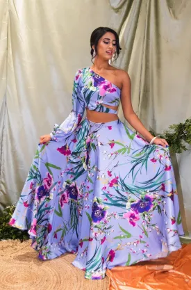 JANISHA Periwinkle Floral Satin Lehenga Skirt (Made-to-Order)