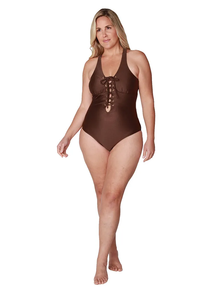 Lace-up front deep v-neck one piece bathing suit