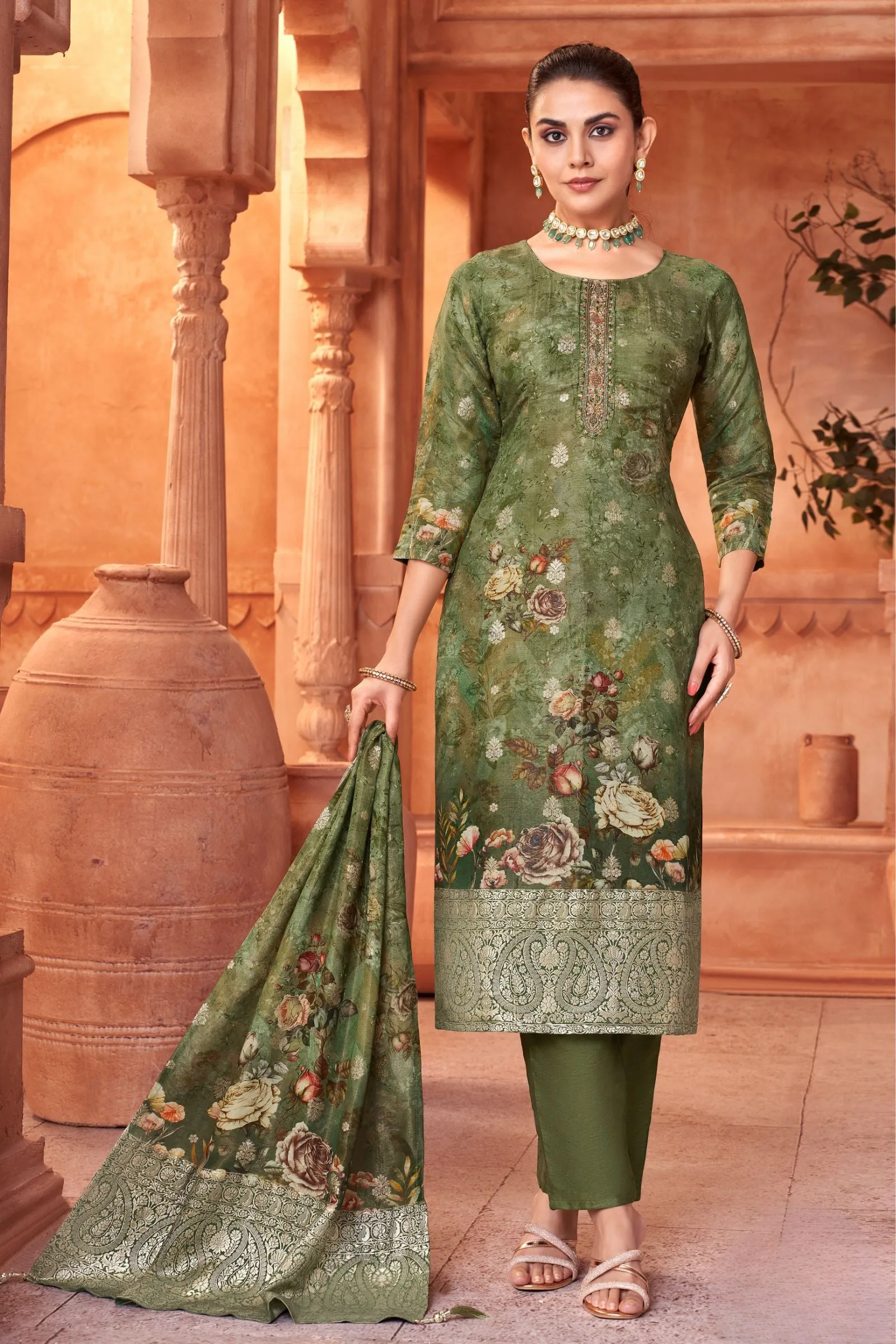 Leaf Green Banaras, Zardozi and Thread work with Floral Print Straight Cut Salwar Suit