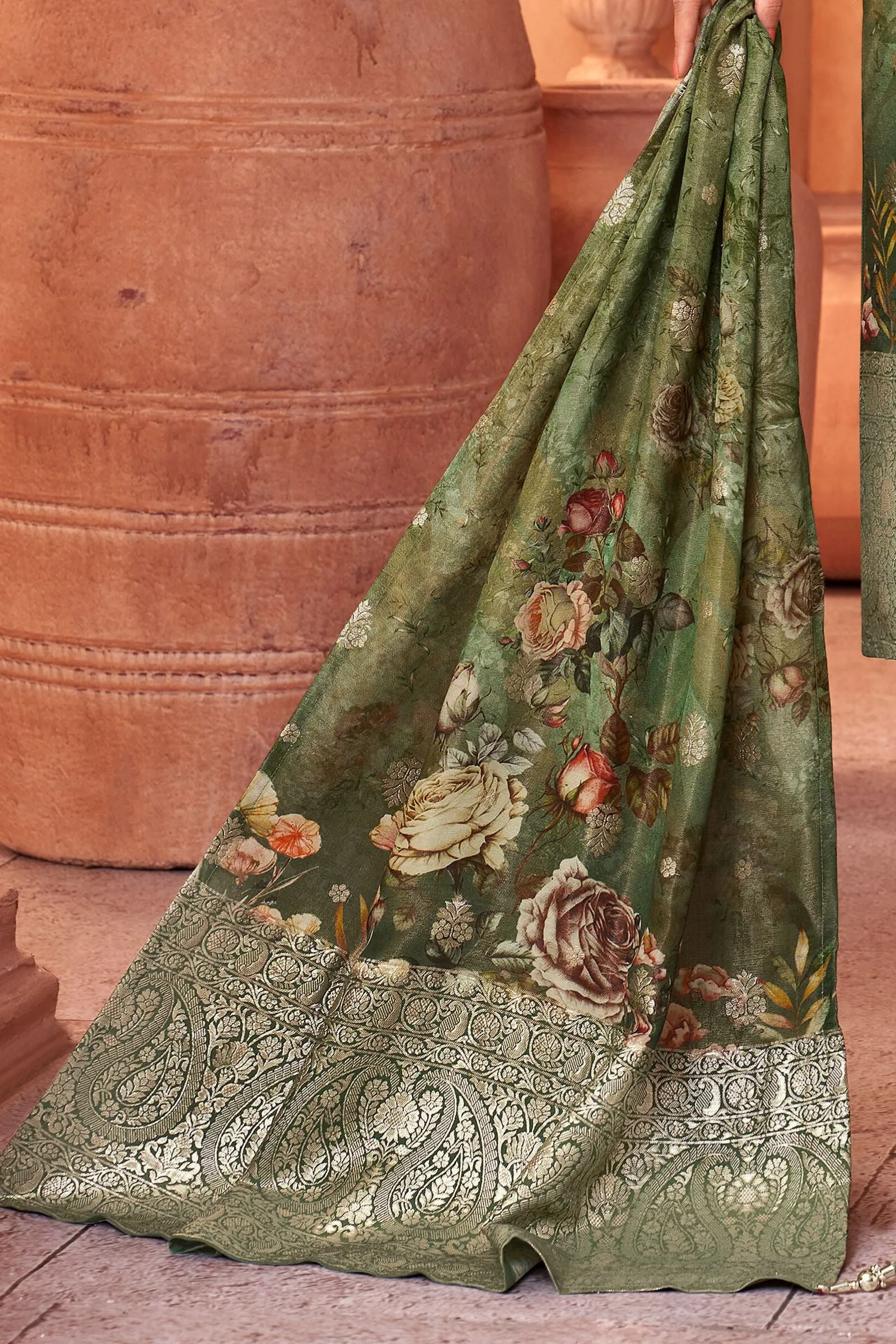 Leaf Green Banaras, Zardozi and Thread work with Floral Print Straight Cut Salwar Suit