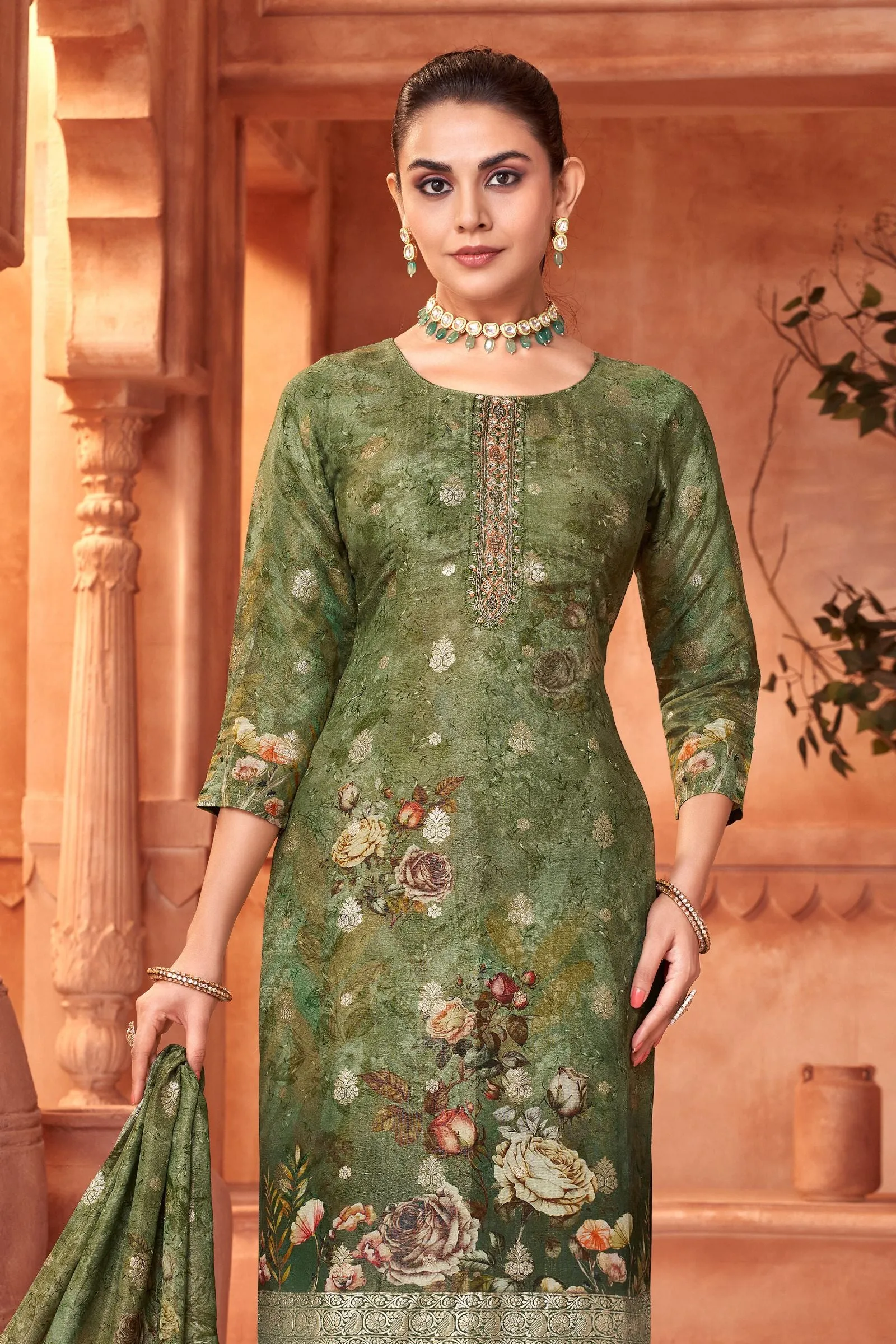 Leaf Green Banaras, Zardozi and Thread work with Floral Print Straight Cut Salwar Suit