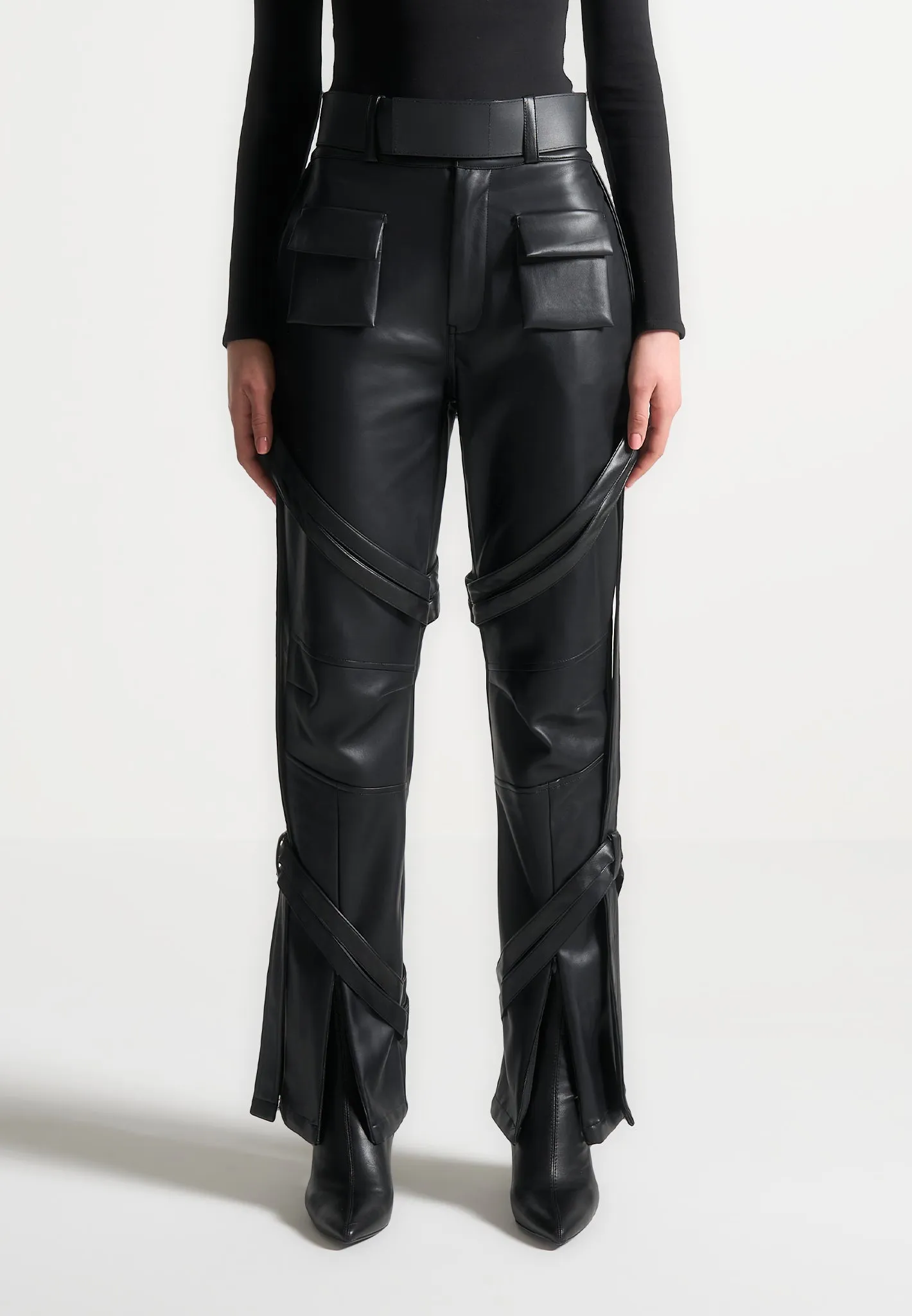 Leather Carpenter Cargo Trousers - Black