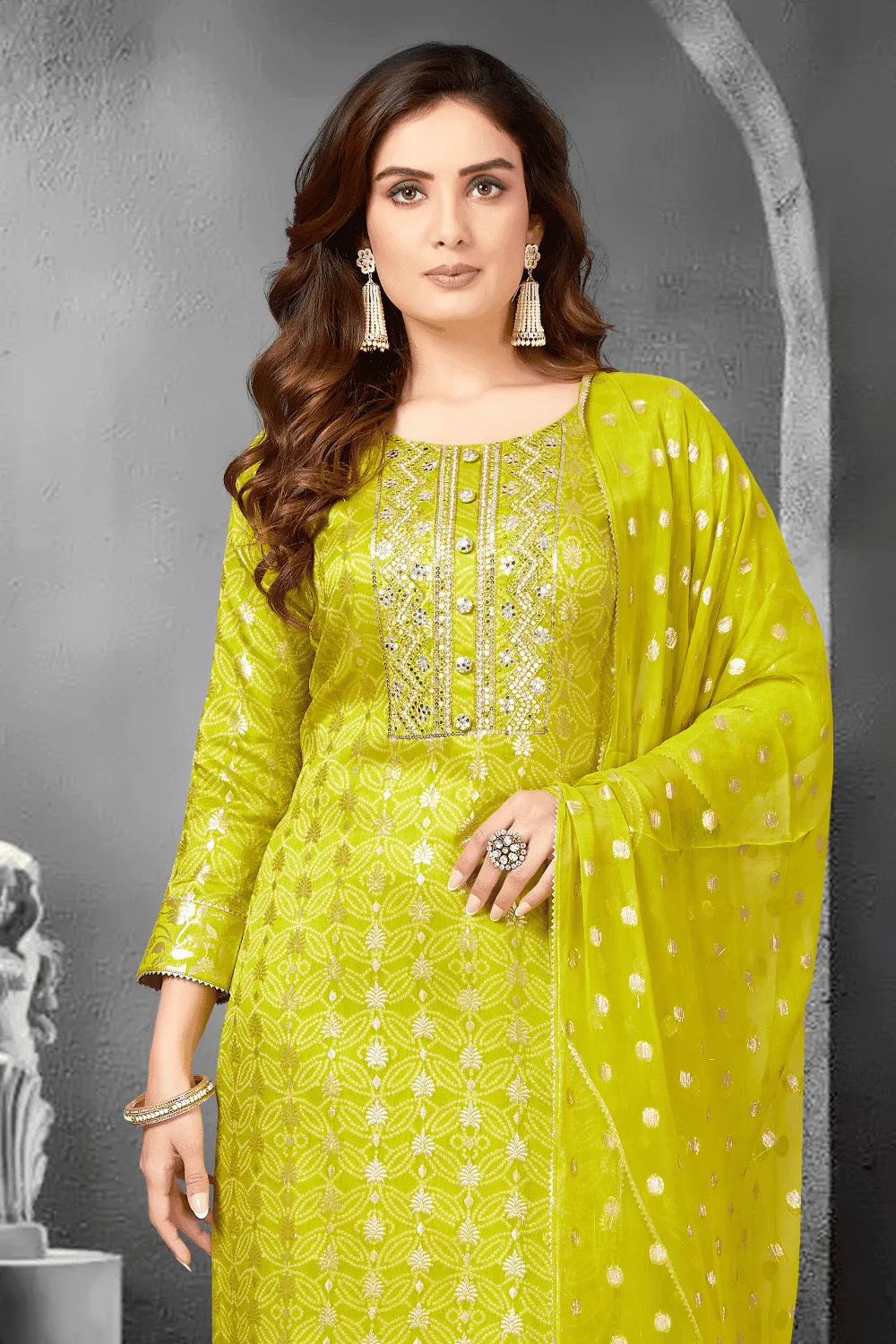 Lemon Green Bandini Print, Pearl, Beads, Banaras and Sequins work Straight Cut Salwar Suit