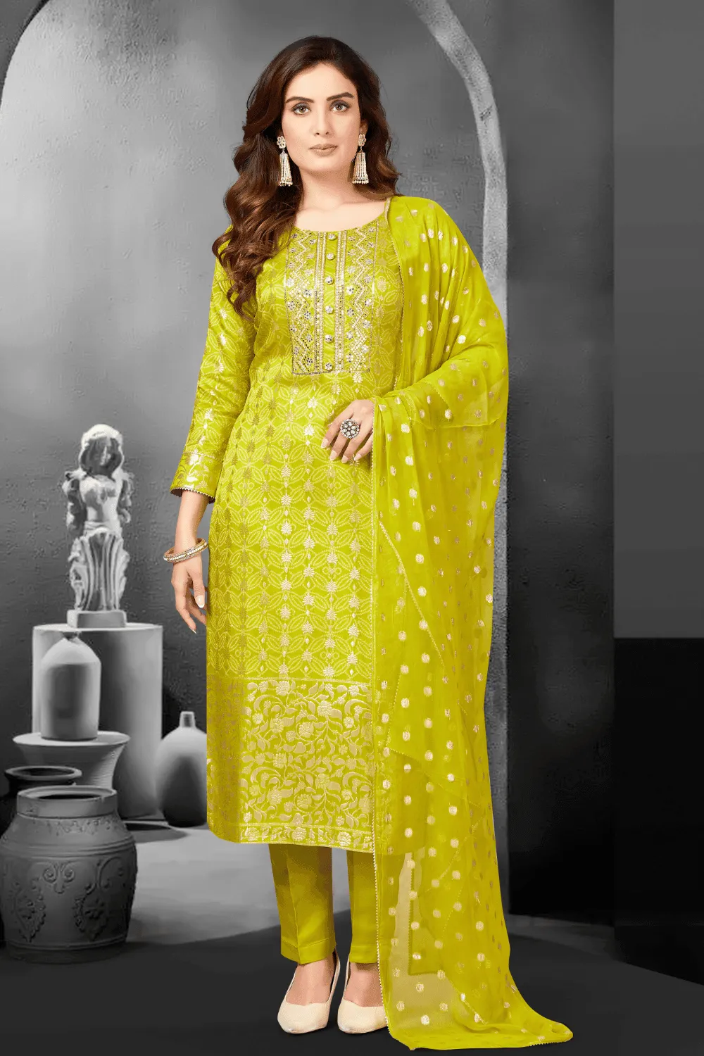 Lemon Green Bandini Print, Pearl, Beads, Banaras and Sequins work Straight Cut Salwar Suit