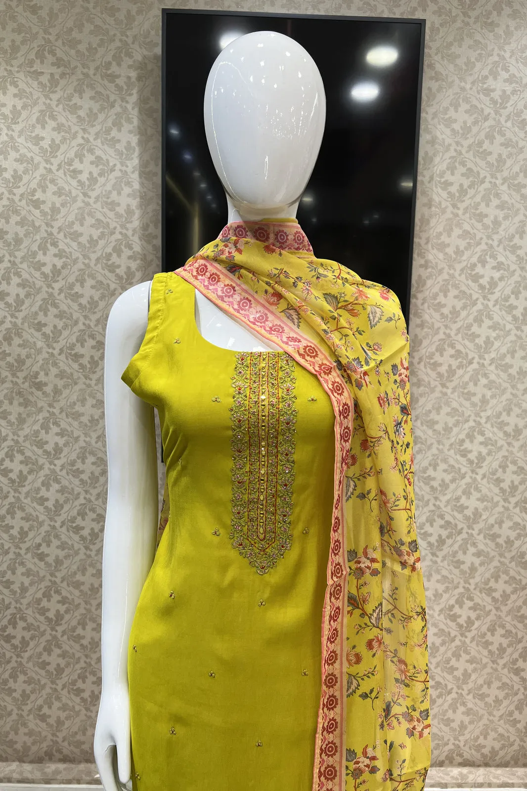 Liril Green Multicolor Thread work Straight Cut Salwar Suit with Floral Print Dupatta