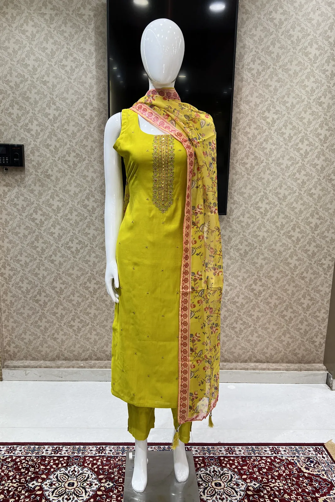 Liril Green Multicolor Thread work Straight Cut Salwar Suit with Floral Print Dupatta