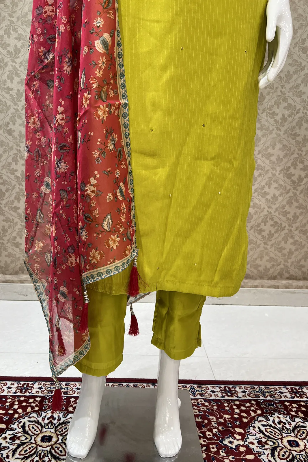 Liril Green Stone, Thread and Beads work Straight Cut Salwar Suit with Floral Print Dupatta