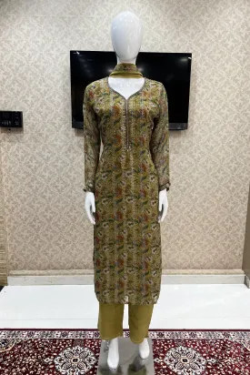 Mehendi Green Floral Print, Sequins, Pearl and Beads work Straight Cut Salwar Suit