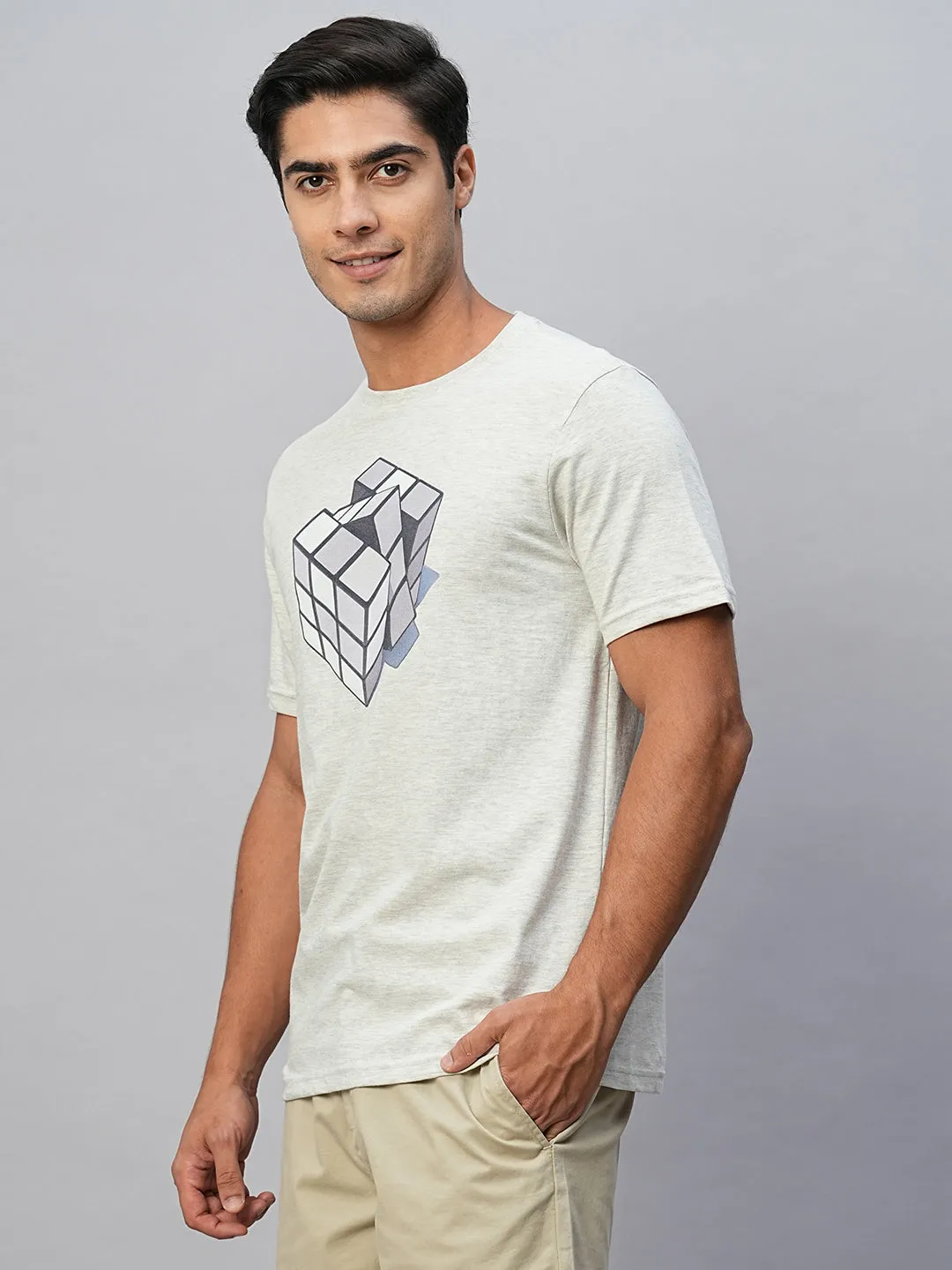 Men's Ecru Cotton Regular Fit Tshirt