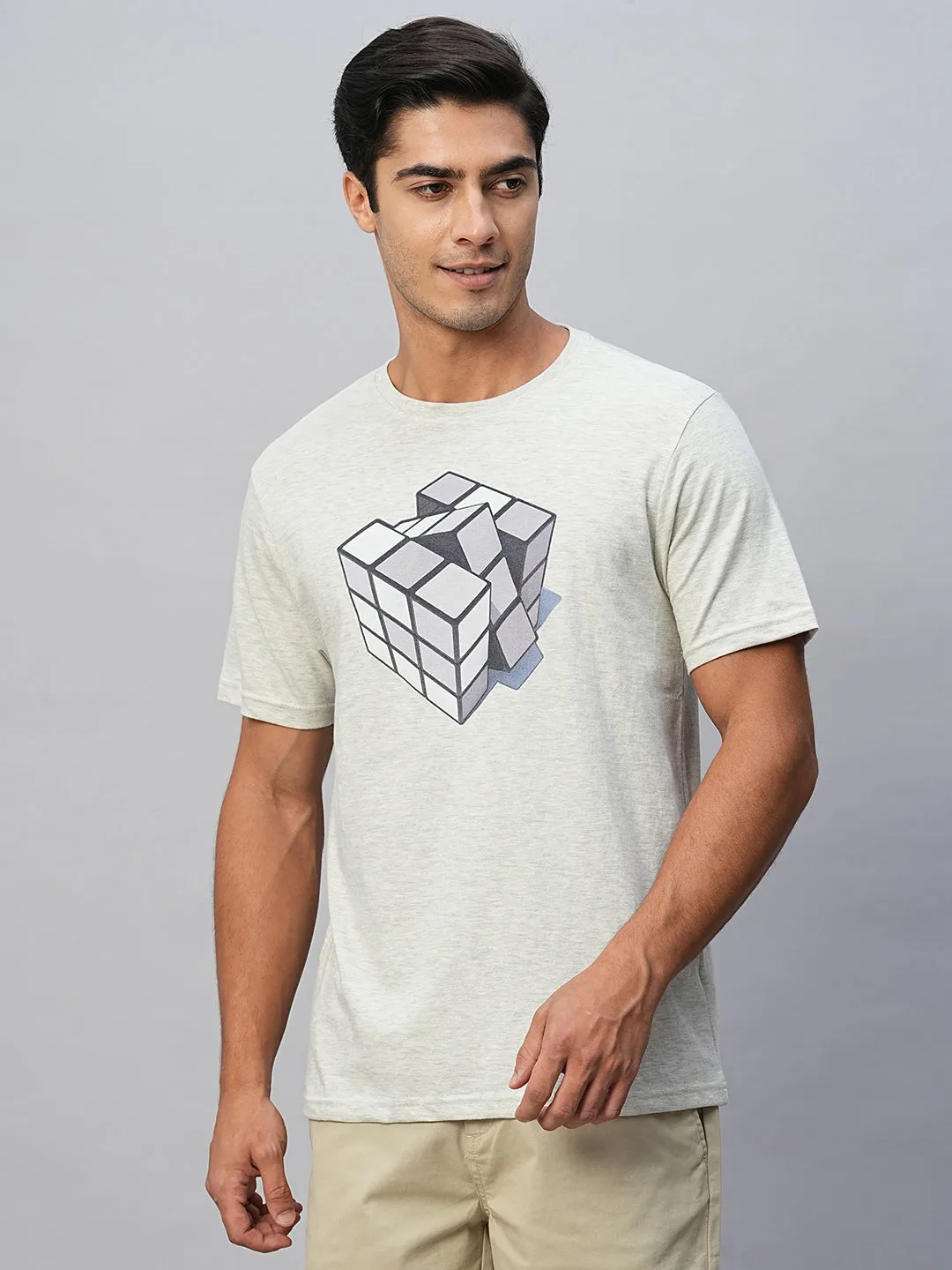 Men's Ecru Cotton Regular Fit Tshirt