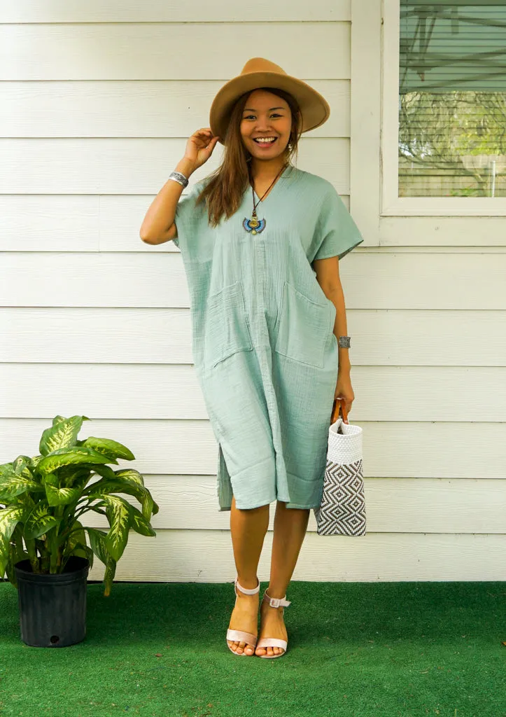 Mint Double Gauzed Muslin Cotton Dress with Pockets