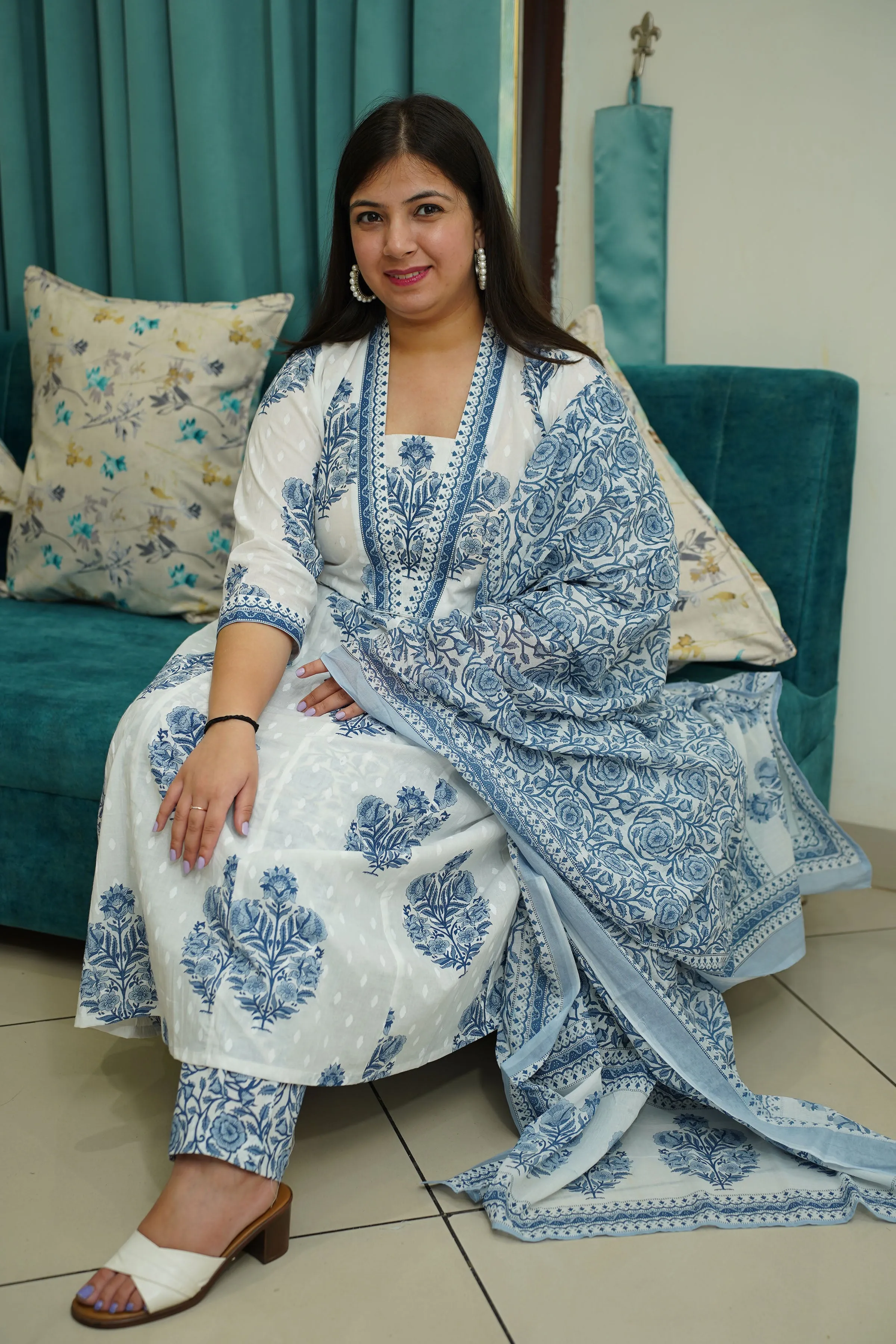 Moonlit Indigo Cotton Anarkali Set