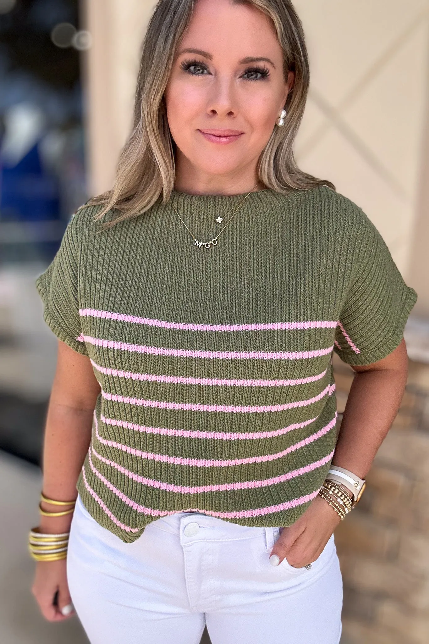 Nantucket Sweater Top - Olive   Pink