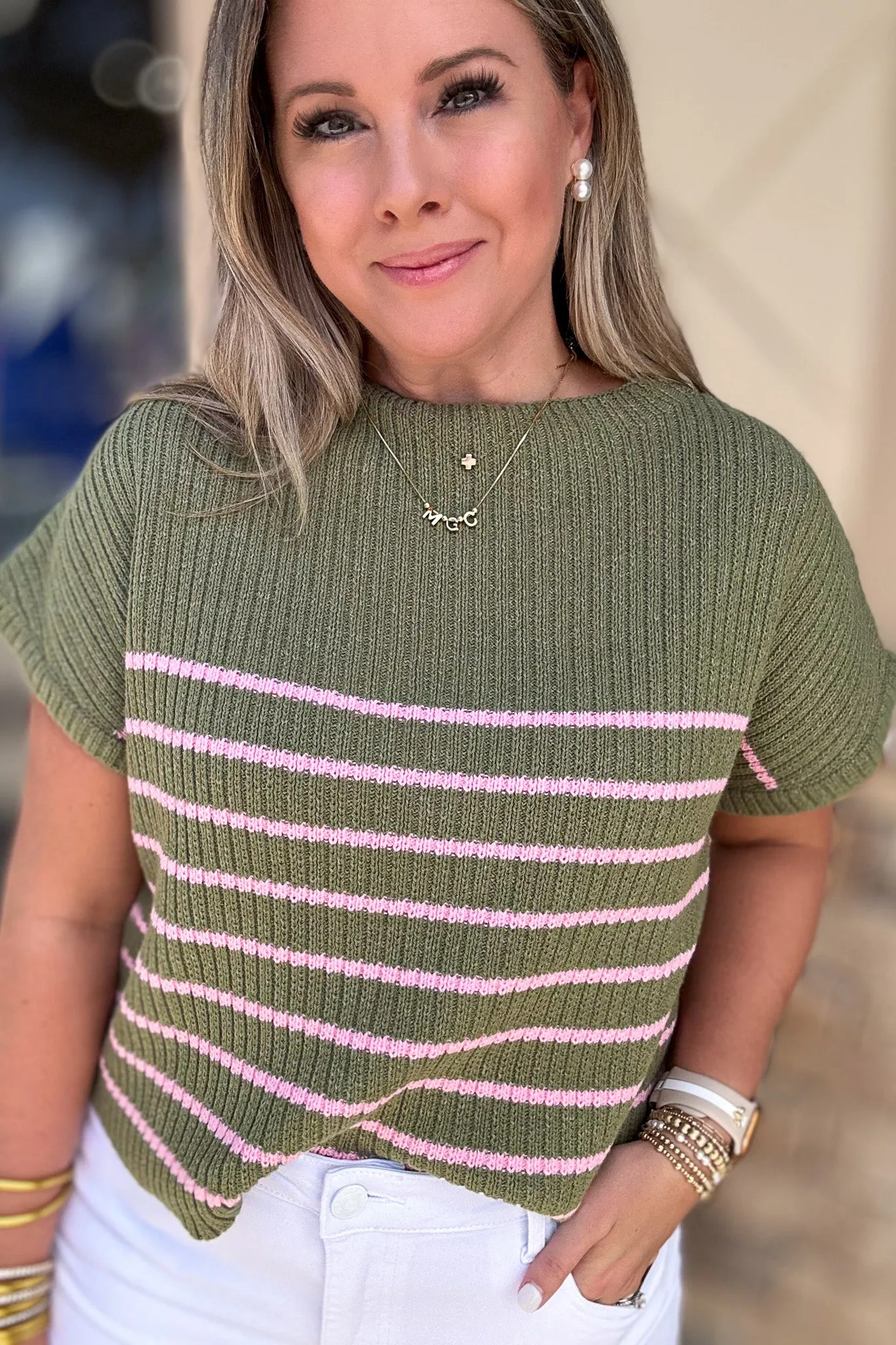 Nantucket Sweater Top - Olive   Pink