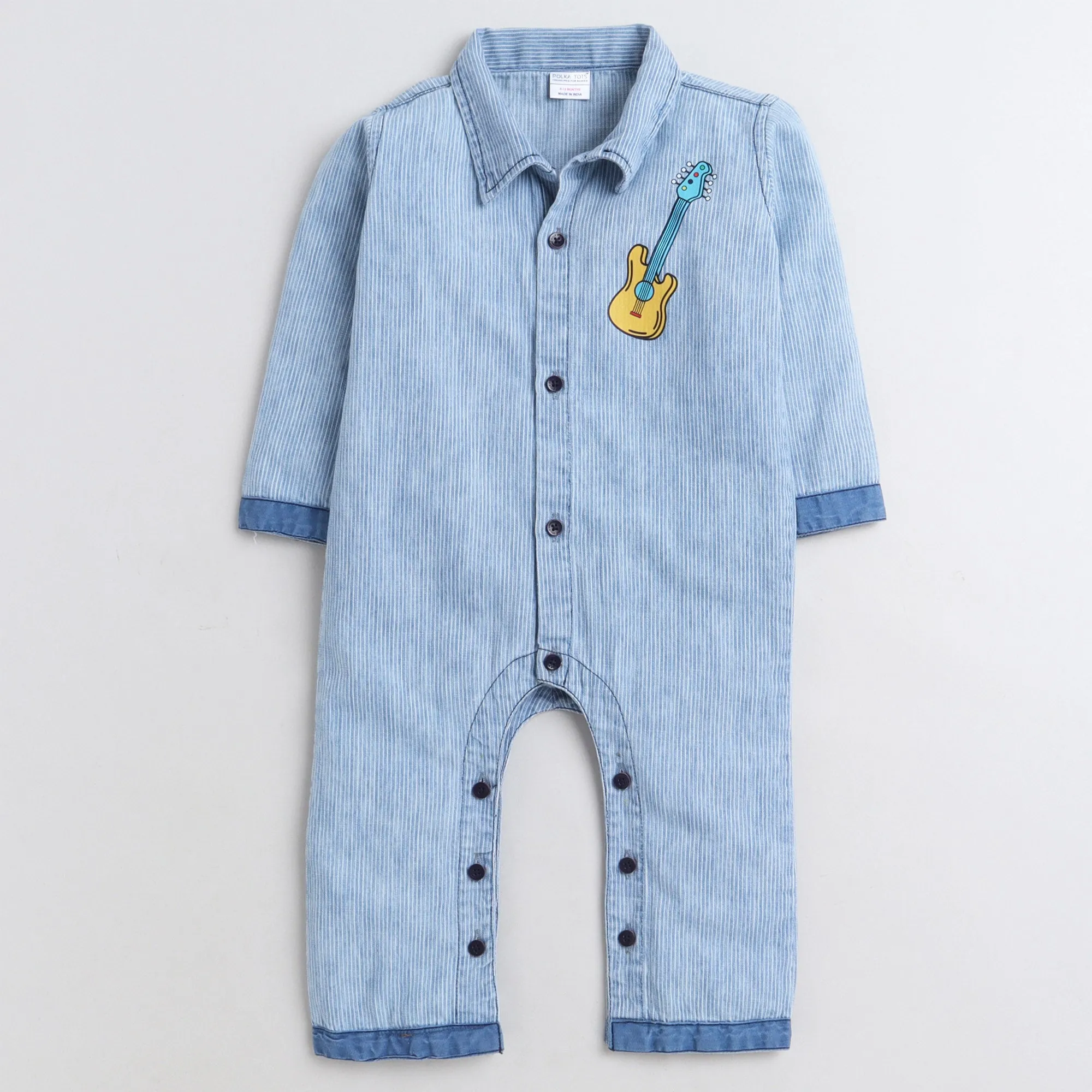 Polka Tots Full Sleeve Denim guitar embroidery Full Romper - Blue