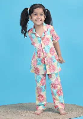 Polka tots Half Sleeve Lemon print Night Suit - Multicolor