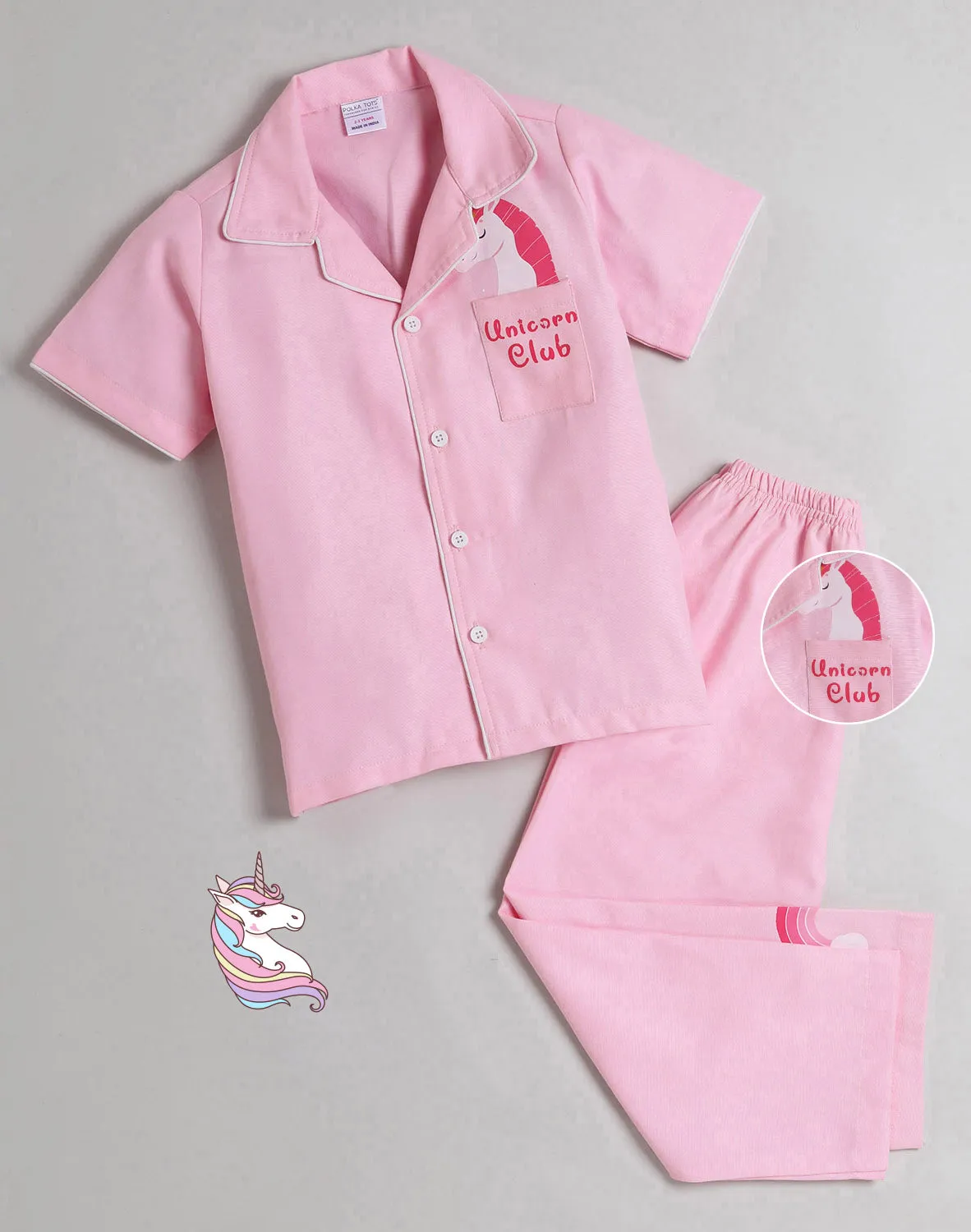 Polka Tots Half Sleeve Night Suit Pair Cotton Unicorn - Pink