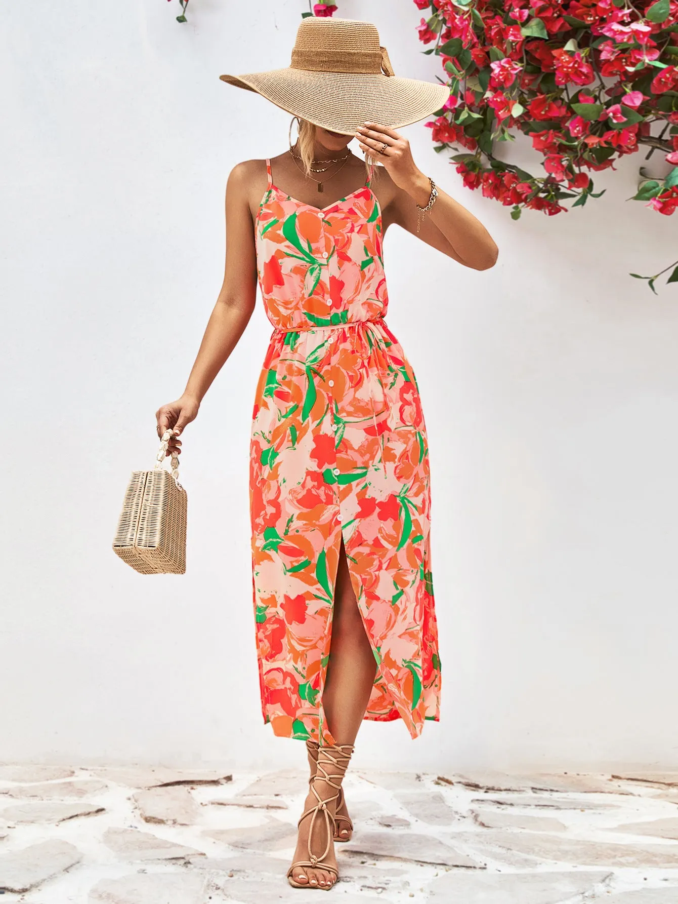 Printed Spaghetti Strap Front Slit Dress