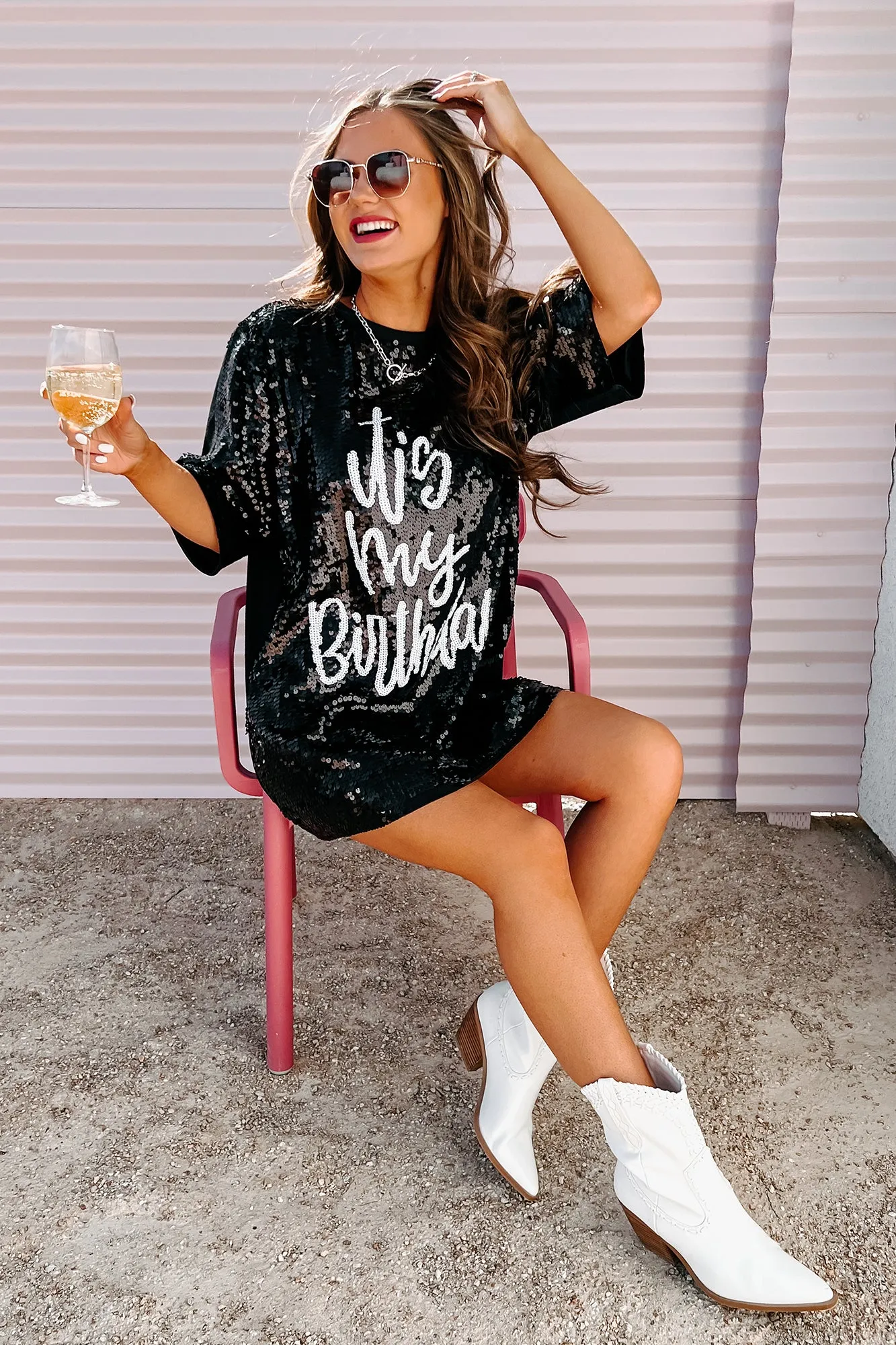 "It's My Birthday" Sequin T-Shirt Dress (Black)