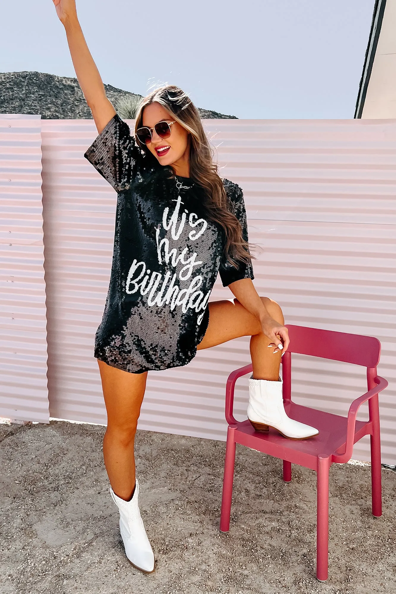 "It's My Birthday" Sequin T-Shirt Dress (Black)