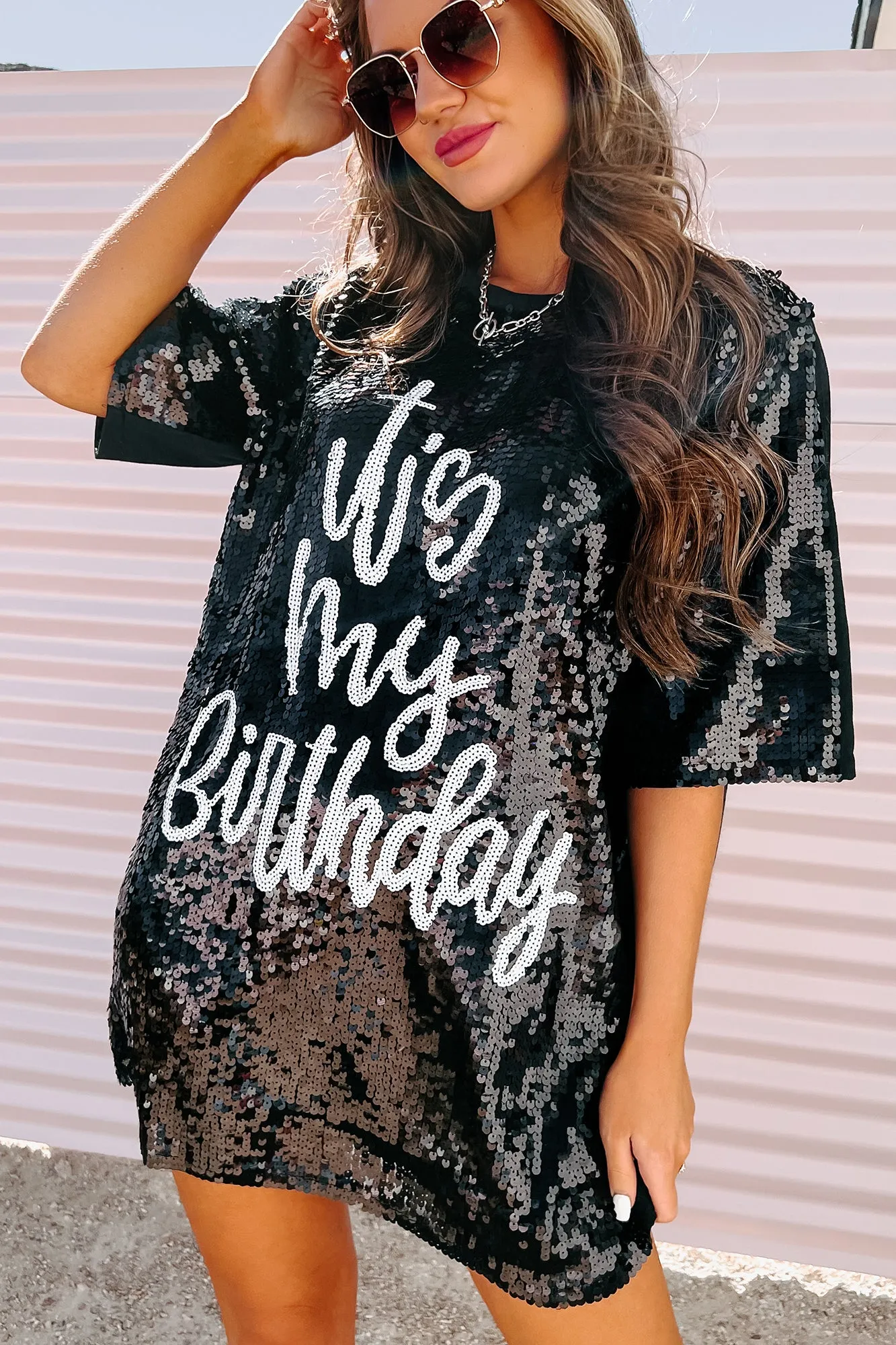 "It's My Birthday" Sequin T-Shirt Dress (Black)