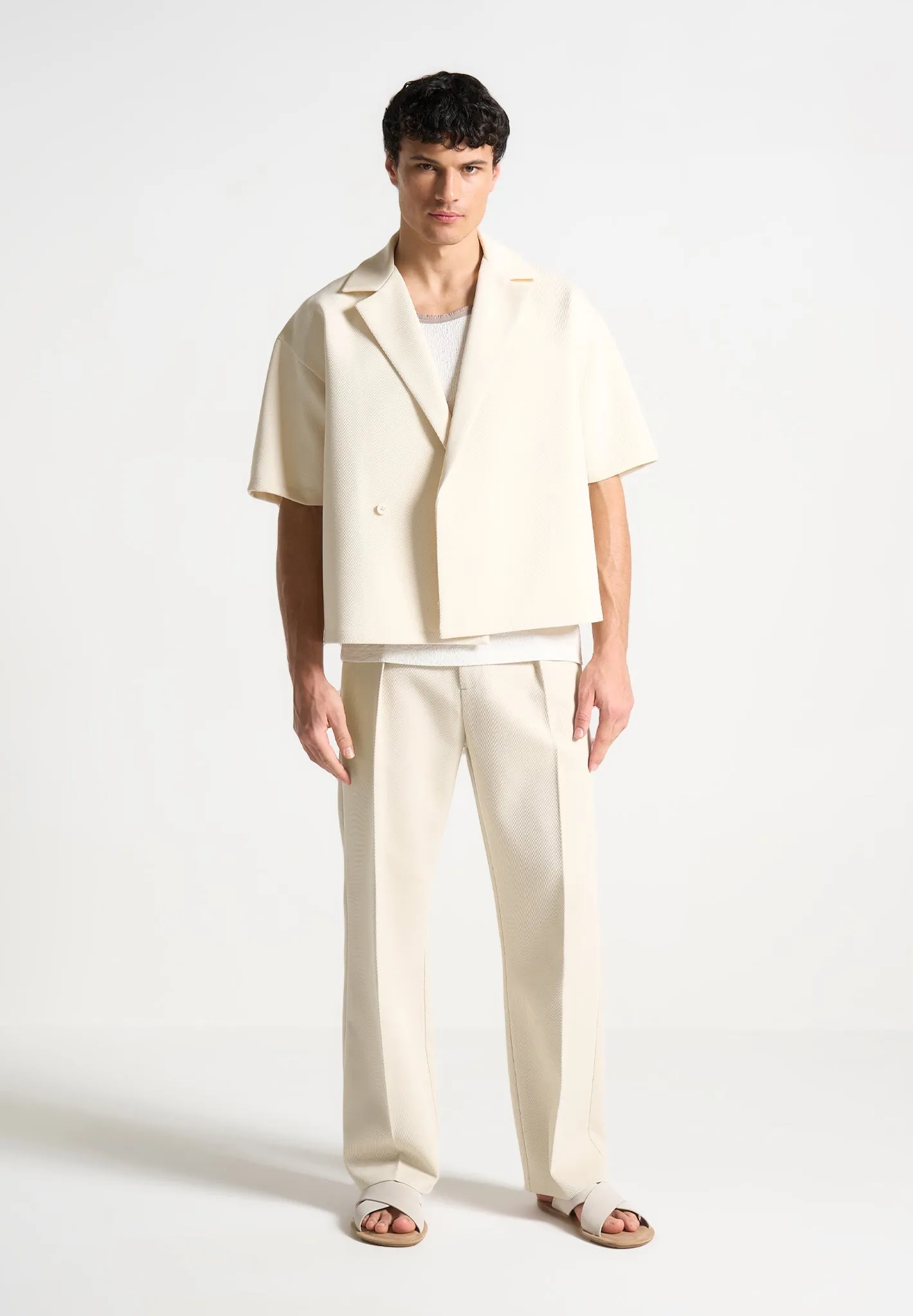 Relaxed Fit Twill Pleated Tailored Trousers - Cream