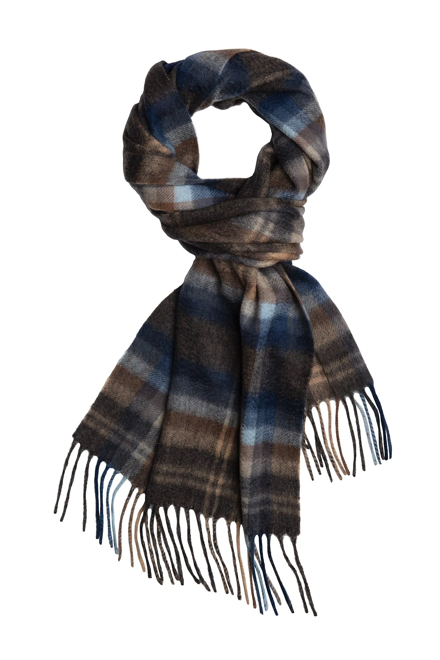 Saranac Lake Plaid Cashmere Scarf, Grey / Brown / Blue