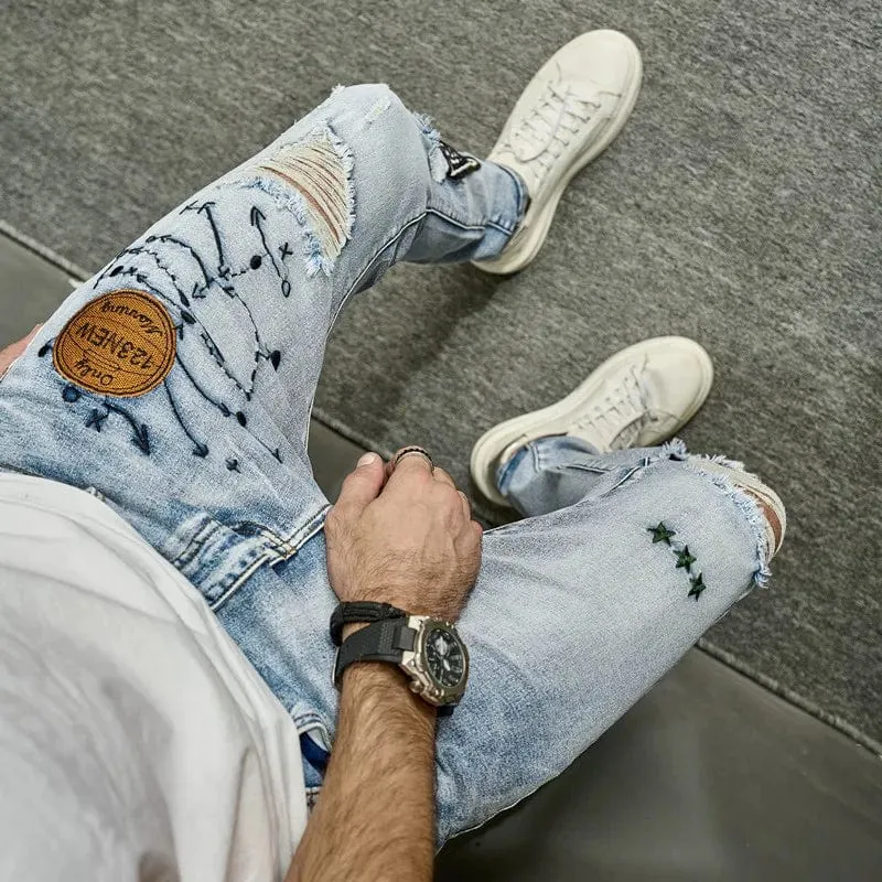 Stylish Men's Ripped Embroidery Skinny Pencil Jeans Pants Casual Denim Trousers