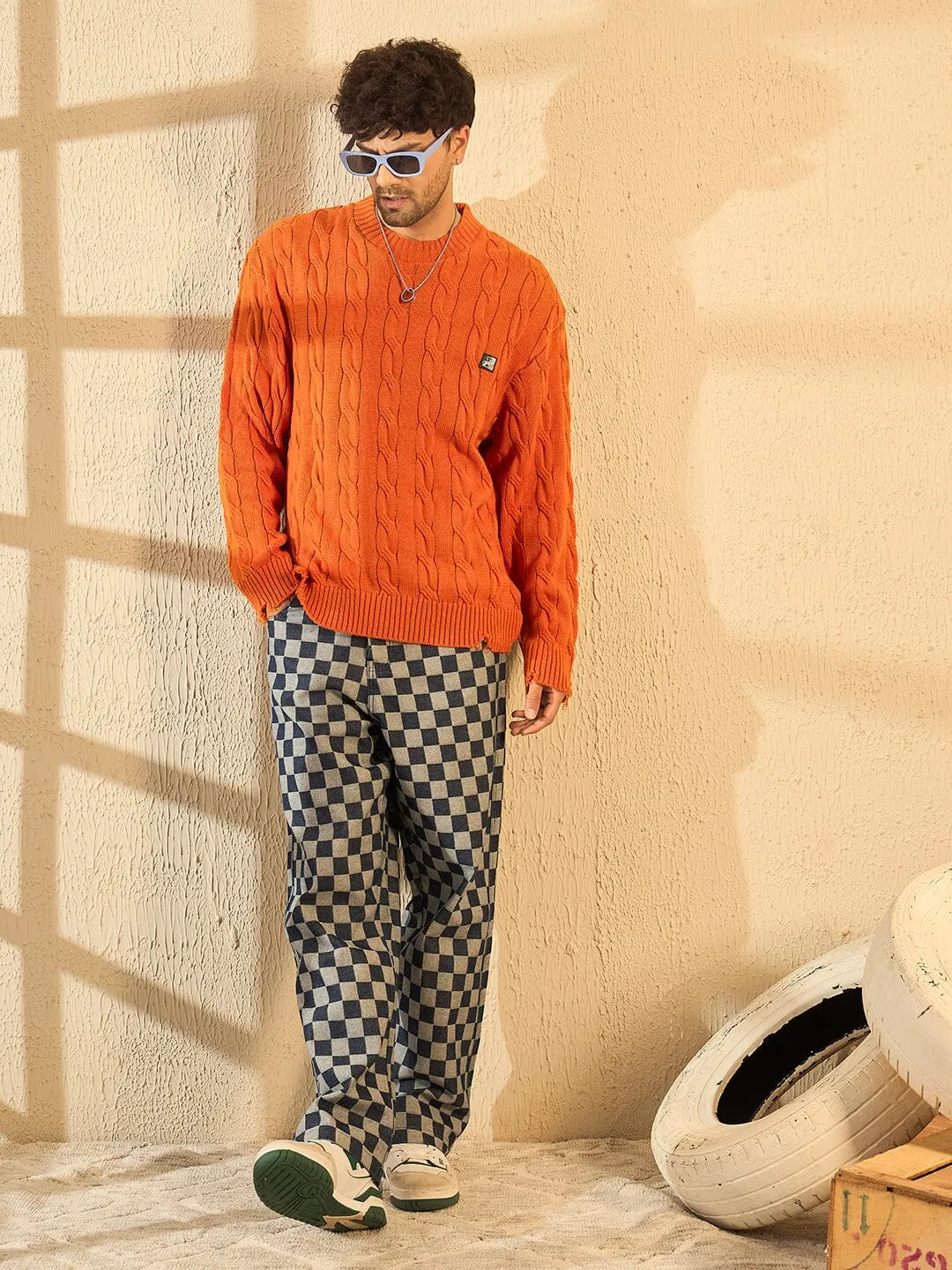 Tangerine Cable Knit Distressed Sweater