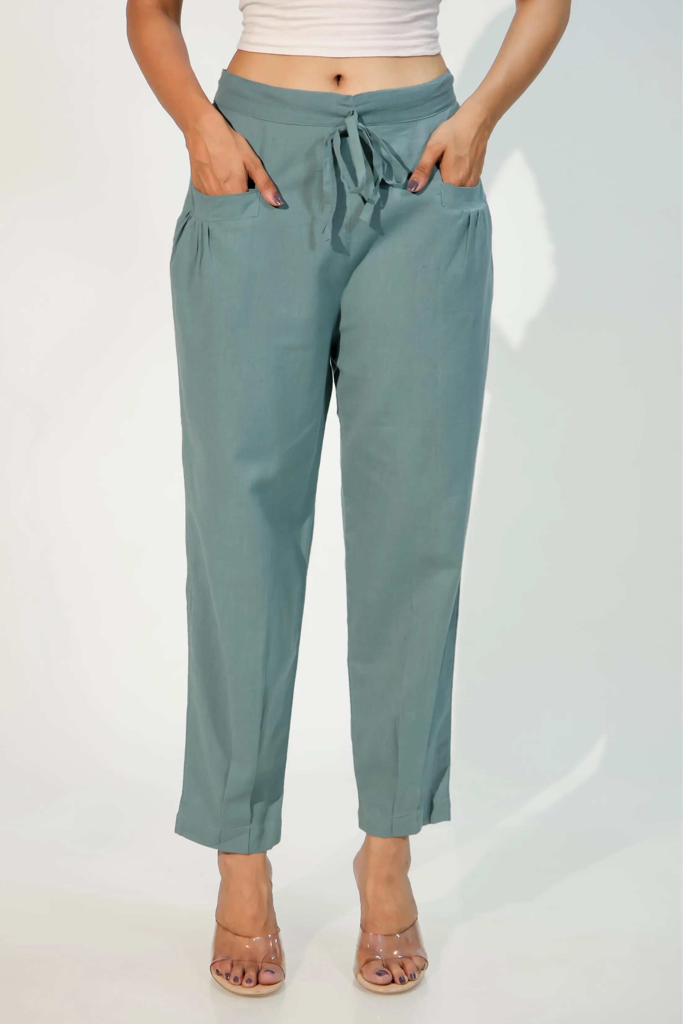 Teal Green Women's Pleated-Narrow Trousers