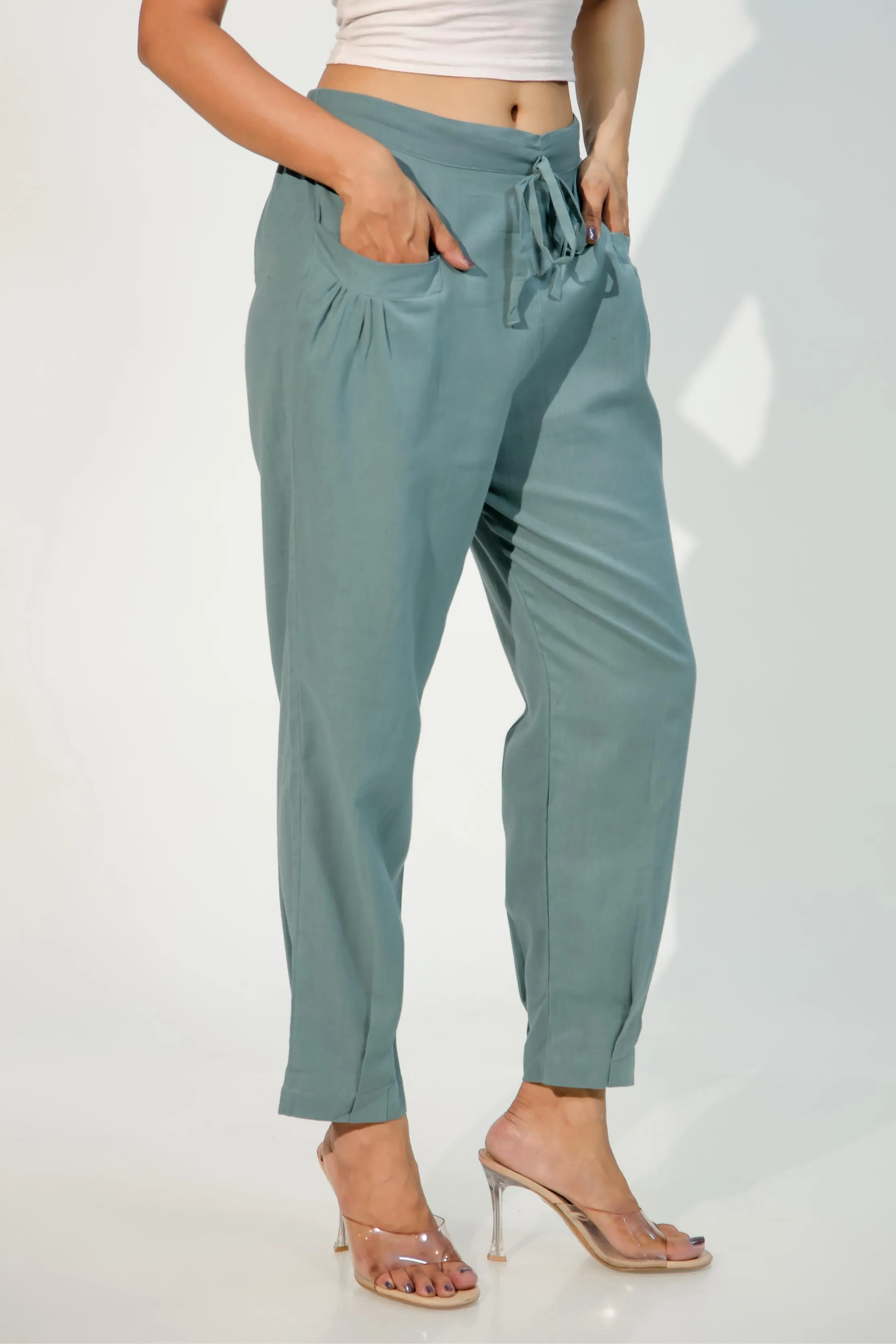 Teal Green Women's Pleated-Narrow Trousers