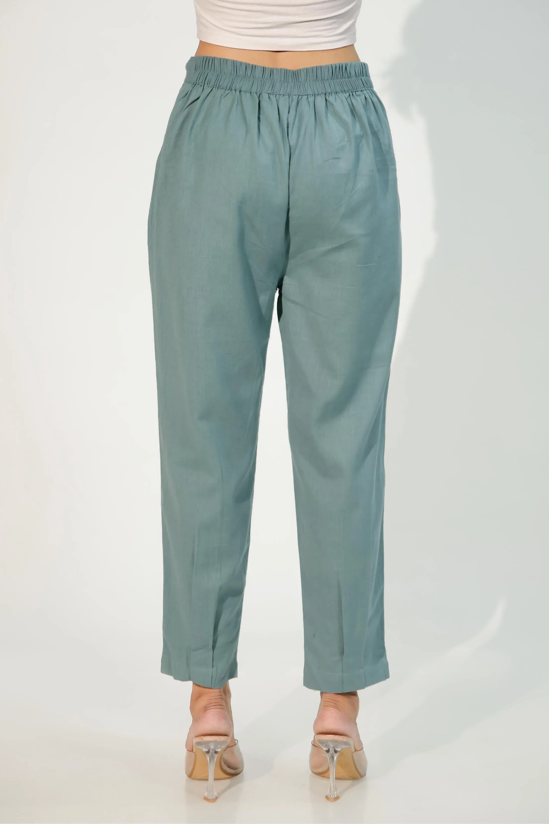 Teal Green Women's Pleated-Narrow Trousers