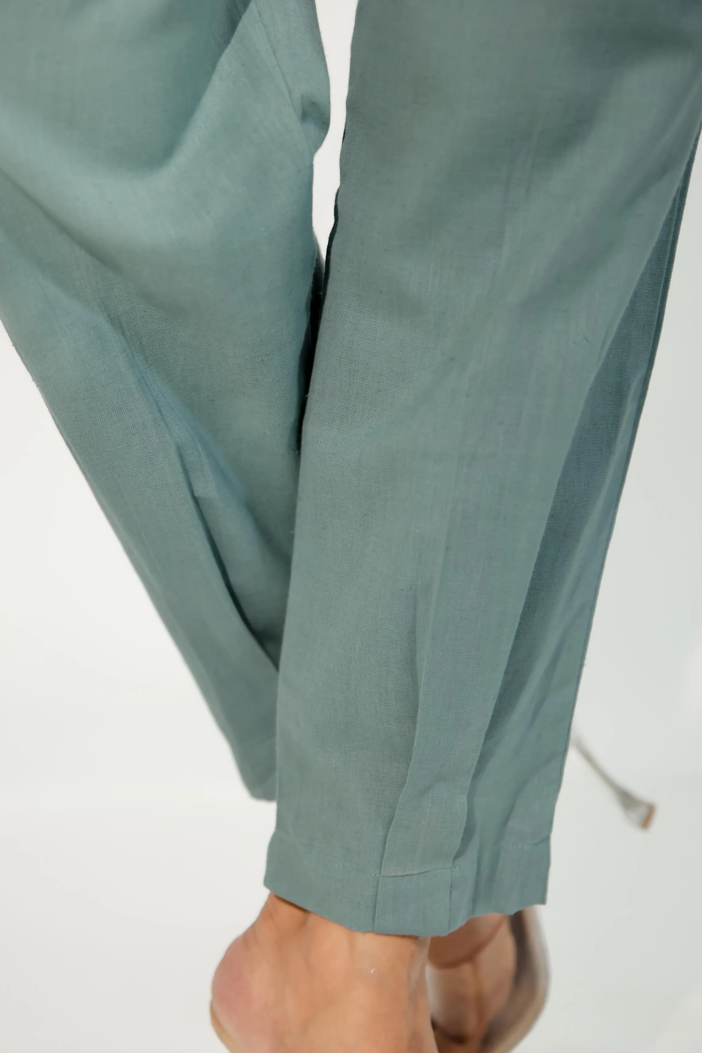 Teal Green Women's Pleated-Narrow Trousers