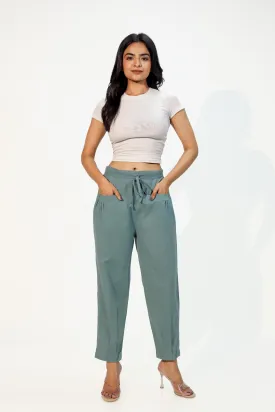 Teal Green Women's Pleated-Narrow Trousers