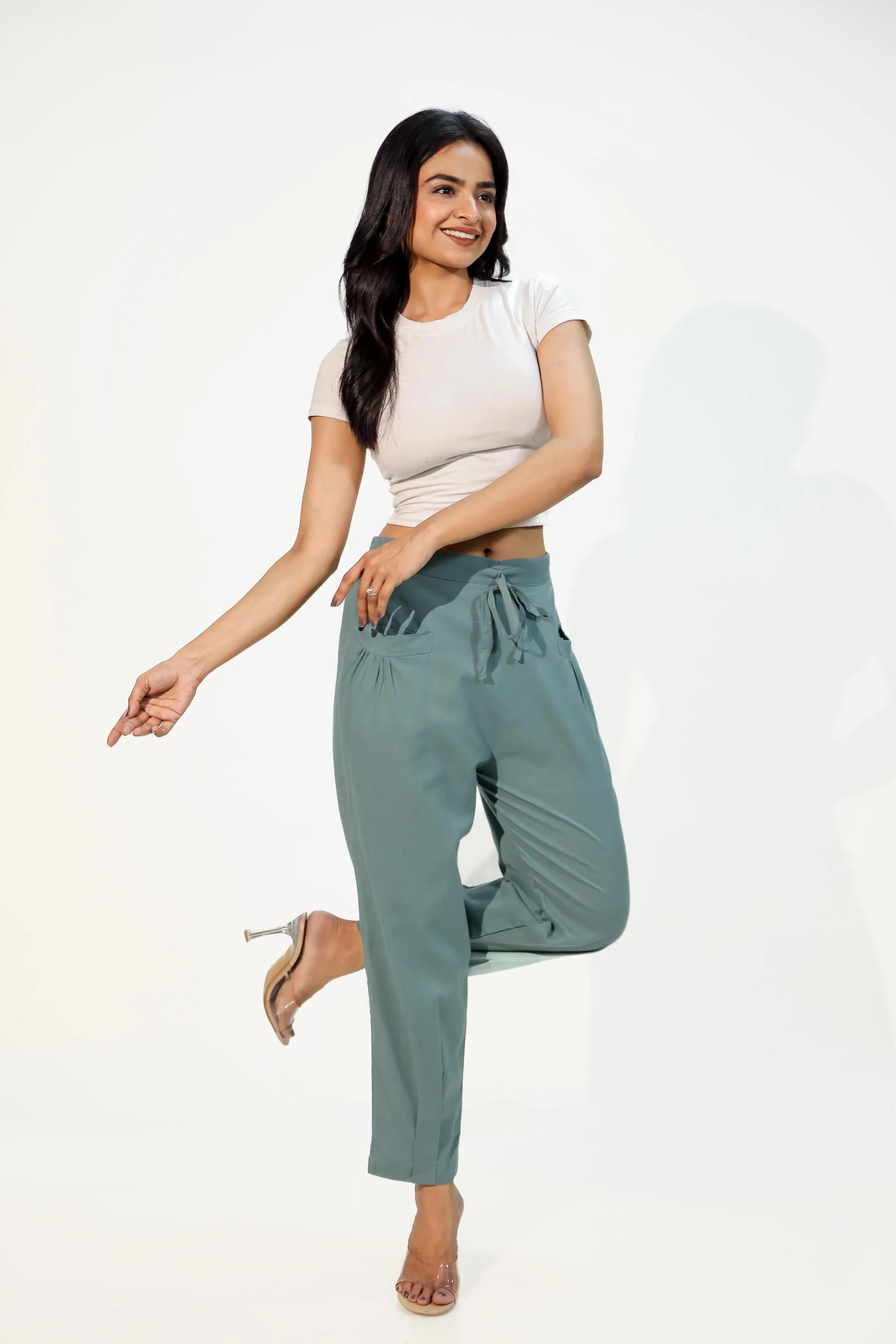 Teal Green Women's Pleated-Narrow Trousers