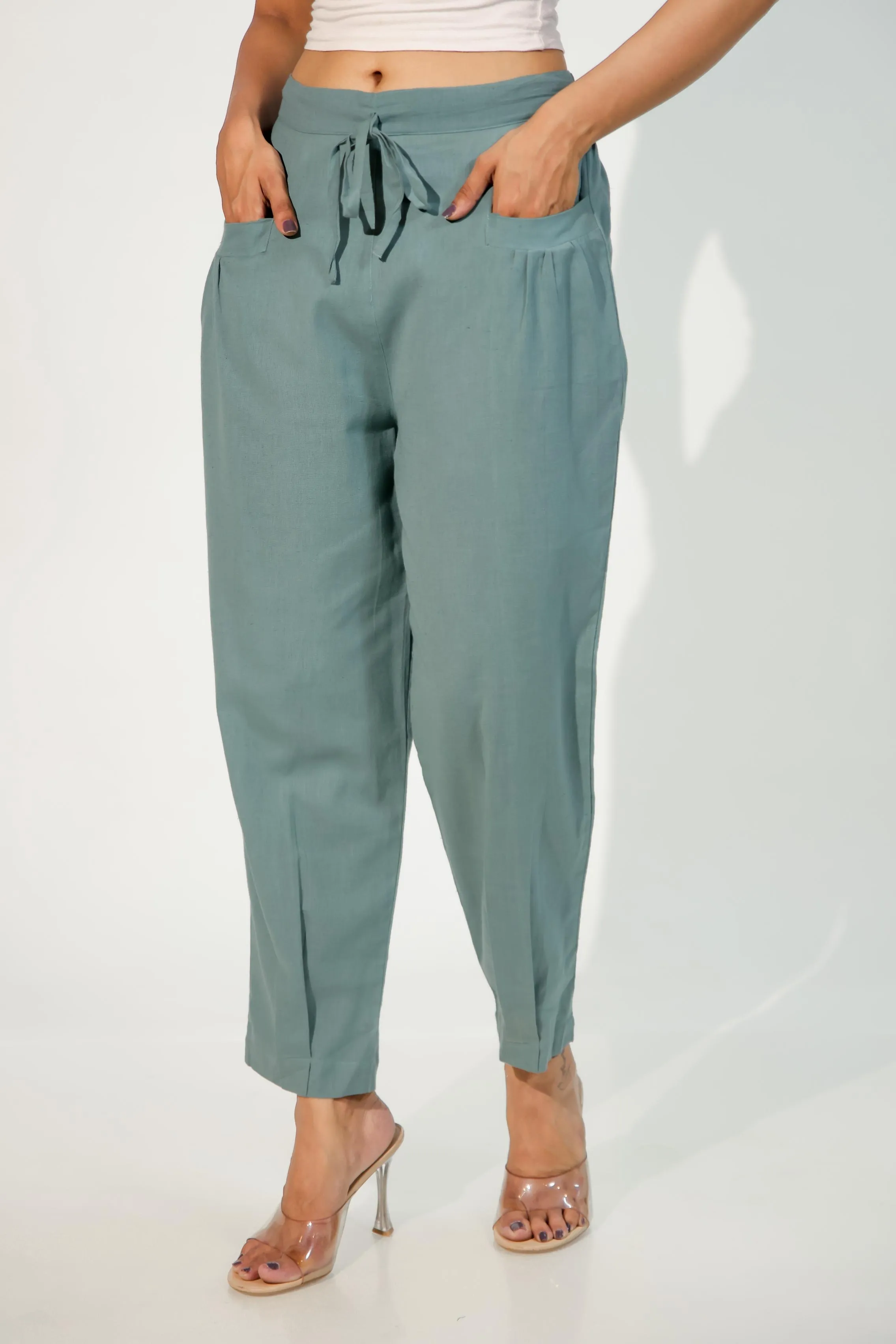 Teal Green Women's Pleated-Narrow Trousers