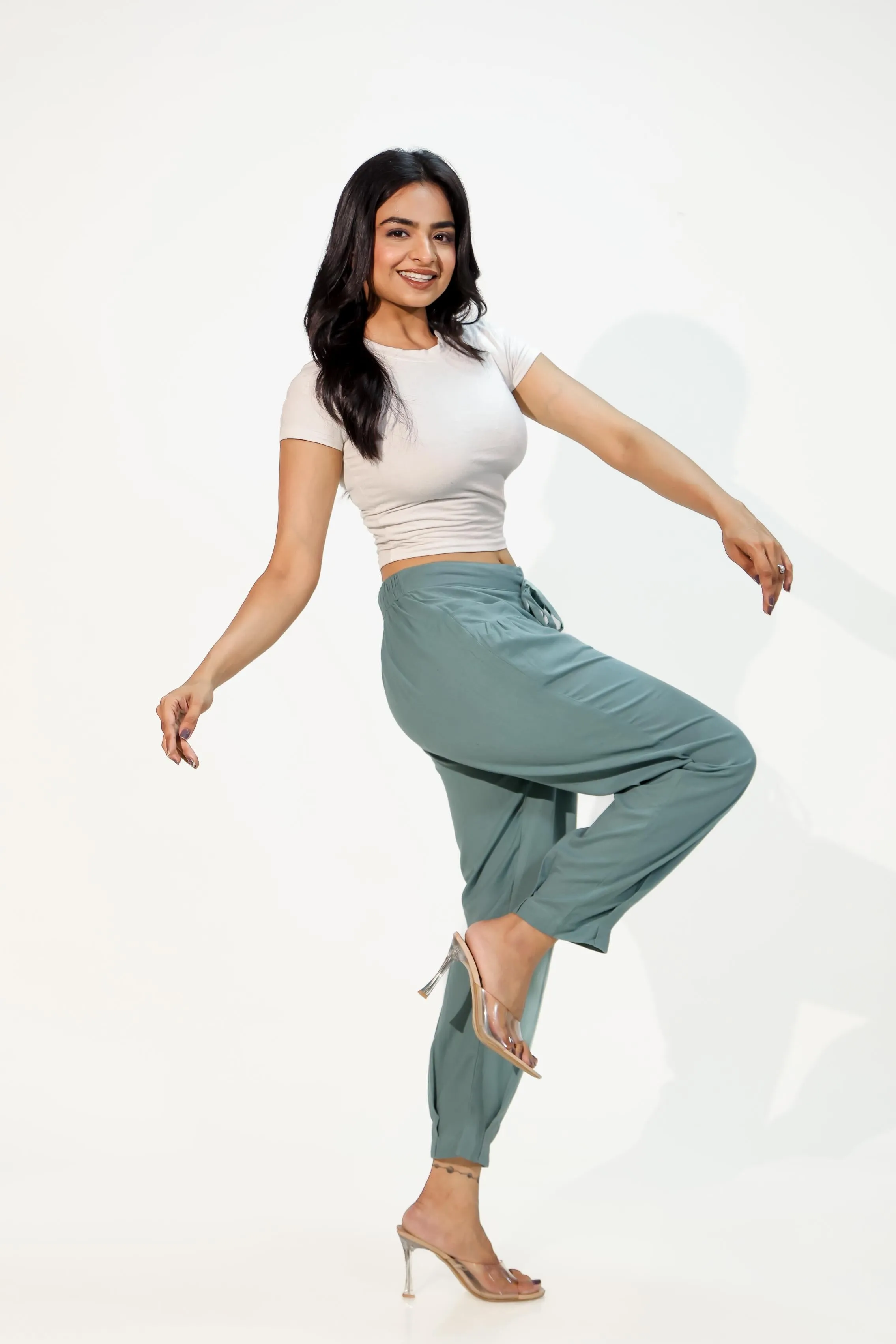 Teal Green Women's Pleated-Narrow Trousers