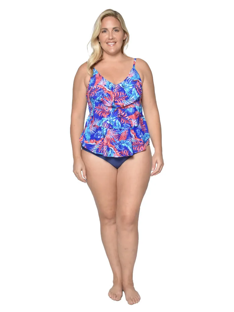 Tiered front tankini with a mid rise bottom in Plus Sizes