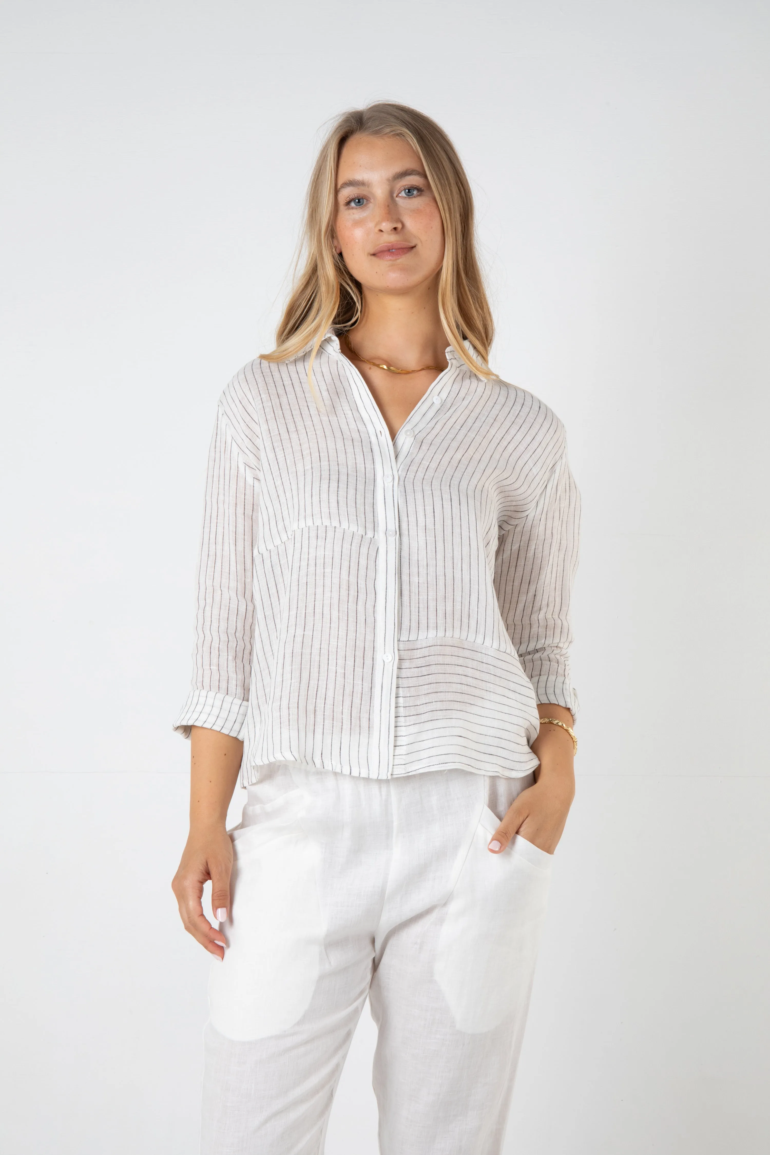 WESLEY LINEN SHIRT - SAND STRIPE