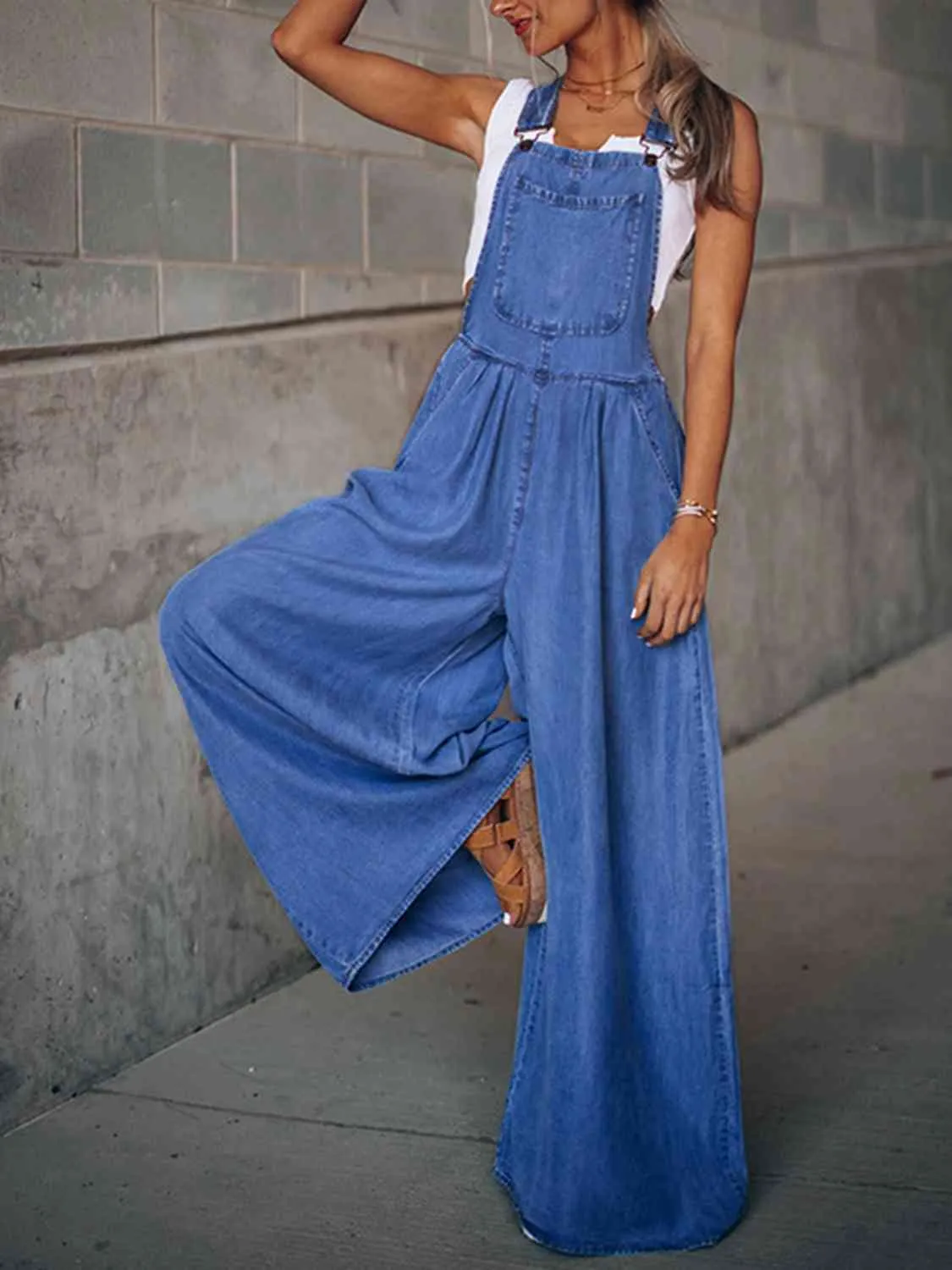 Wide Leg Denim Overalls (S - 2X)