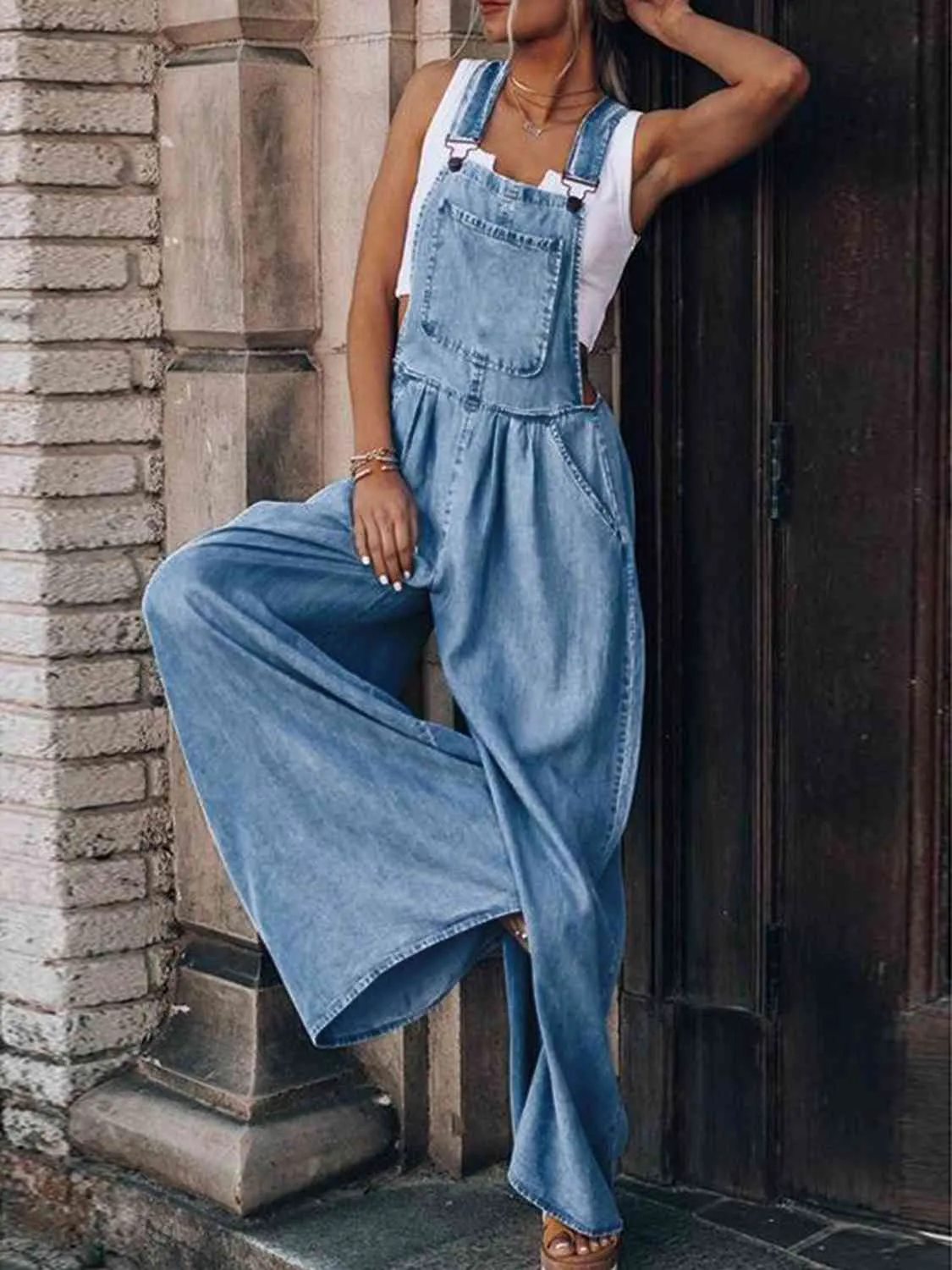 Wide Leg Denim Overalls (S - 2X)