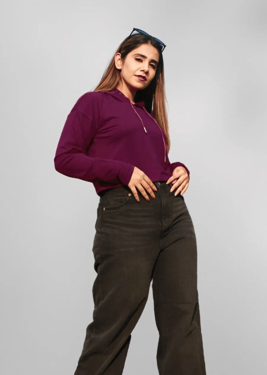 Wine Solid Cropped Hoodie For Women |  Pronk