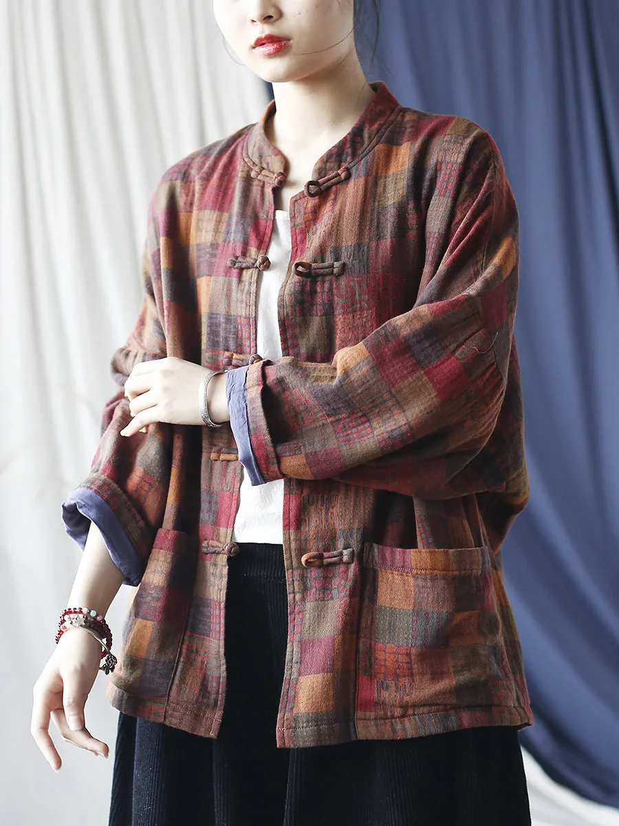 Women Vintage Spring Plaid Cotton Shirt Coat